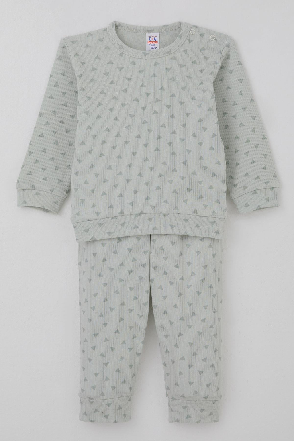 Breeze Erkek Bebek Pijama Takımı Omuzdan Patlı Minik Üçgenler Desenli Su Yeşili (4 Ay-1 Yaş)