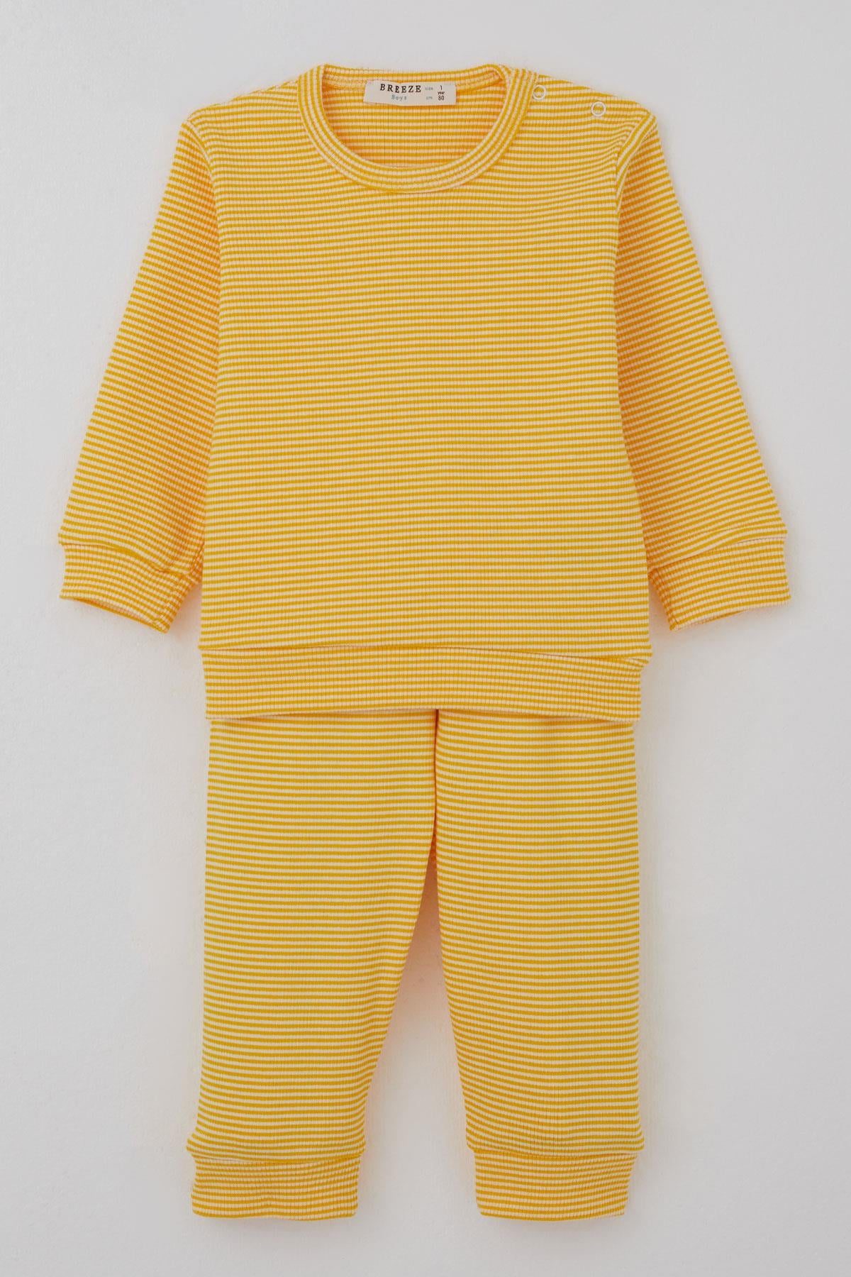 Breeze Erkek Bebek Pijama Takımı Omuzdan Patlı Rib Çizgili Sarı (4 Ay-1 Yaş)