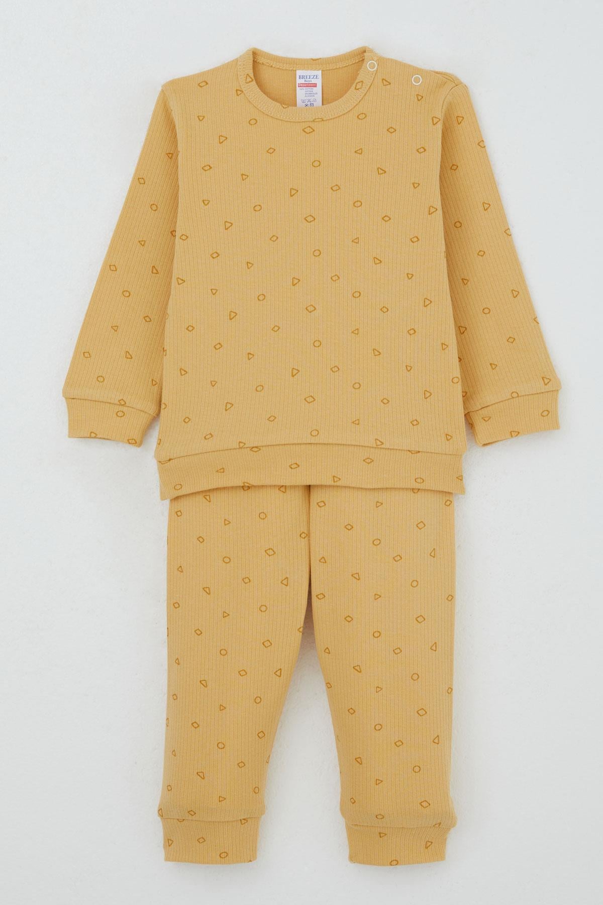 Breeze Erkek Bebek Pijama Takımı Omuzdan Patlı Minik Geometrik Şekiller Hardal Sarı (4 Ay-1 Yaş)