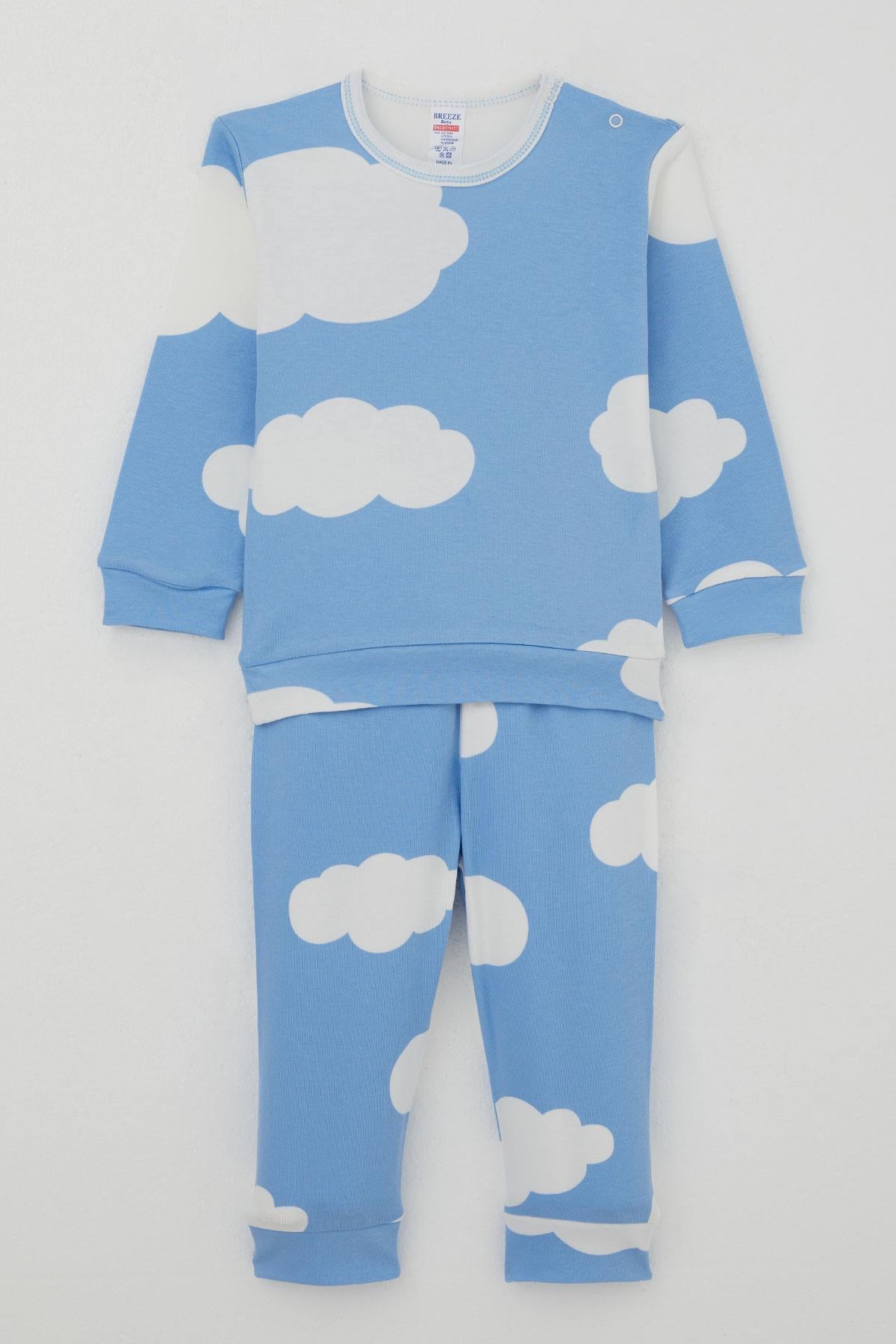 Breeze Erkek Bebek Pijama Takımı Omuzdan Patlı Bulut Desenli Mavi (4 Ay-1 Yaş)