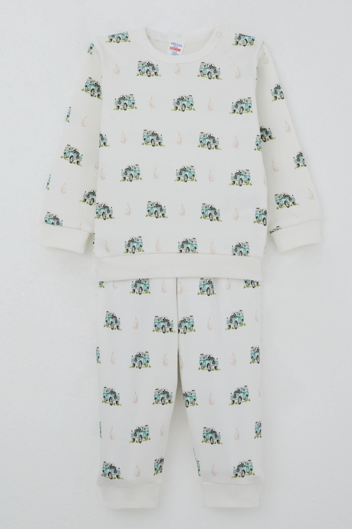 Breeze Erkek Bebek Pijama Takımı Omuzdan Patlı Macera Temalı Küçük Kaşif Ekru (4 Ay-1 Yaş)