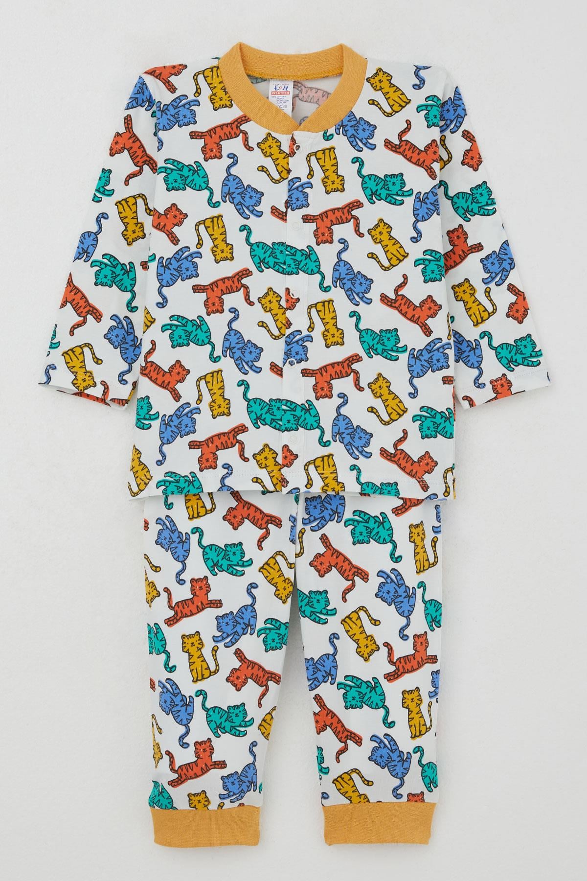 Breeze Erkek Bebek Pijama Takımı Renkli Kedicik Desenli Beyaz (4 Ay-1 Yaş)