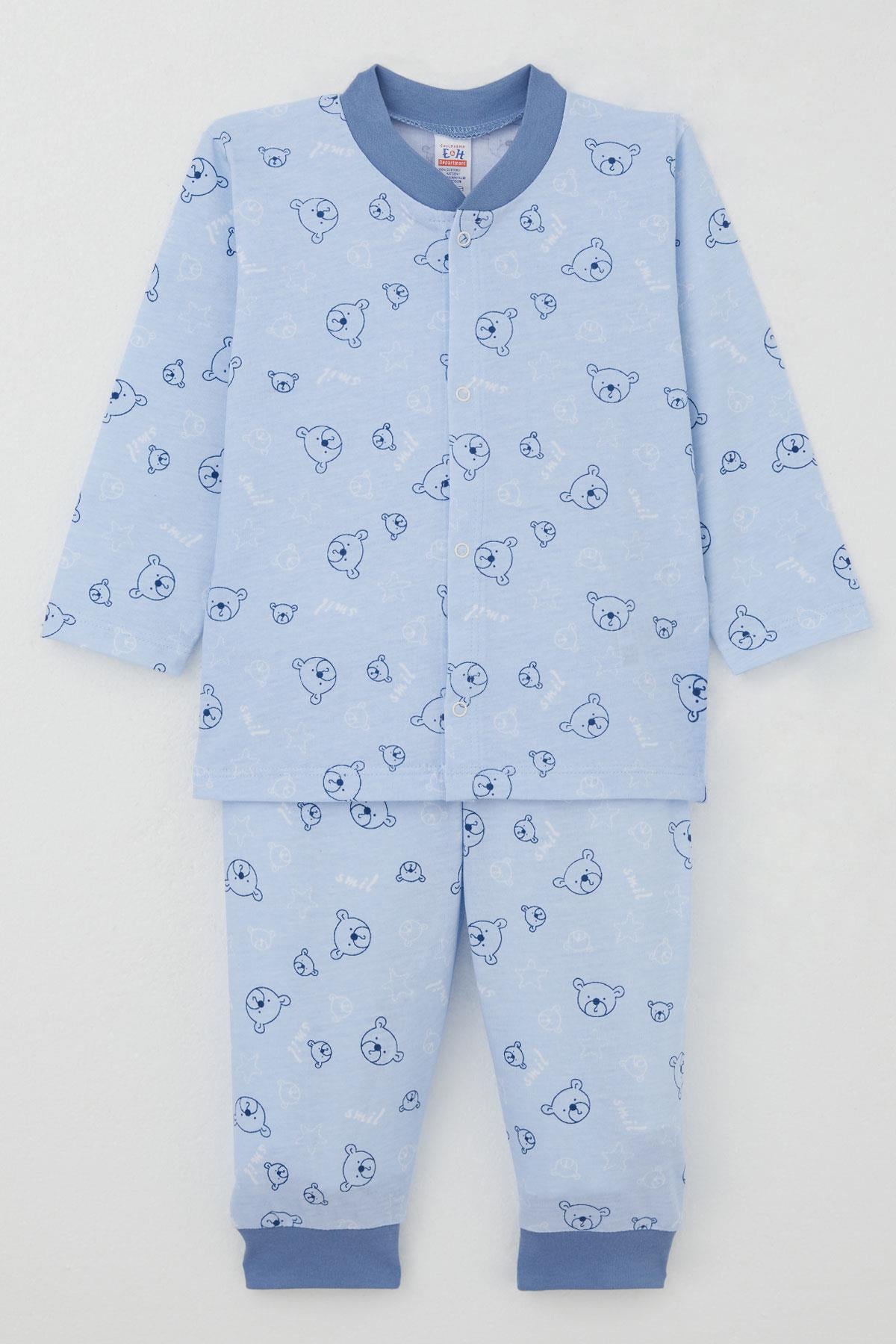 Breeze Erkek Bebek Pijama Takımı Sevimli Ayıcık Figürlü Yıldız Desenli Mavi (4 Ay-1 Yaş)