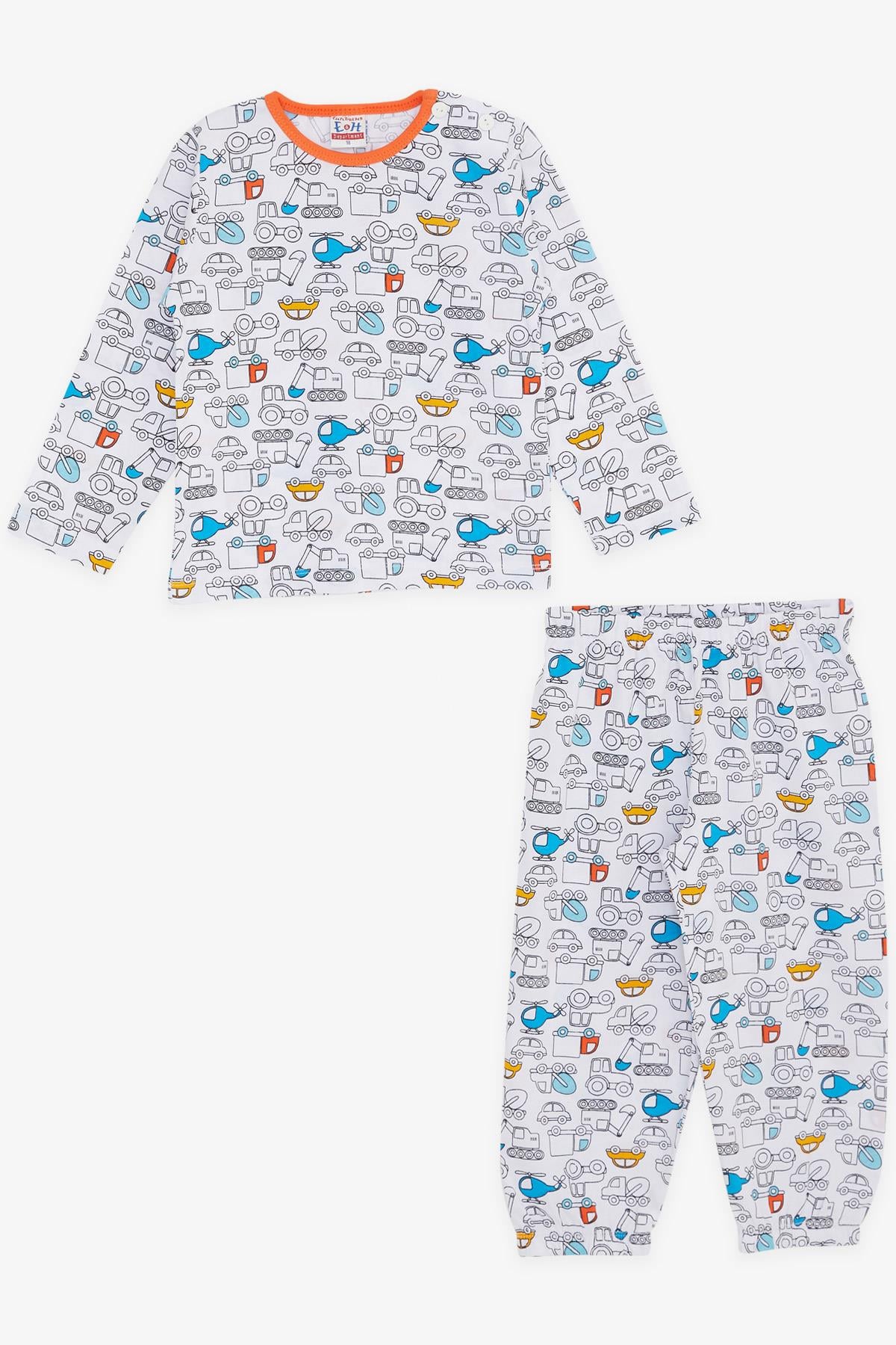 Breeze Erkek Bebek Pijama Takımı Taşıt Desenli Beyaz (9 Ay-3 Yaş)