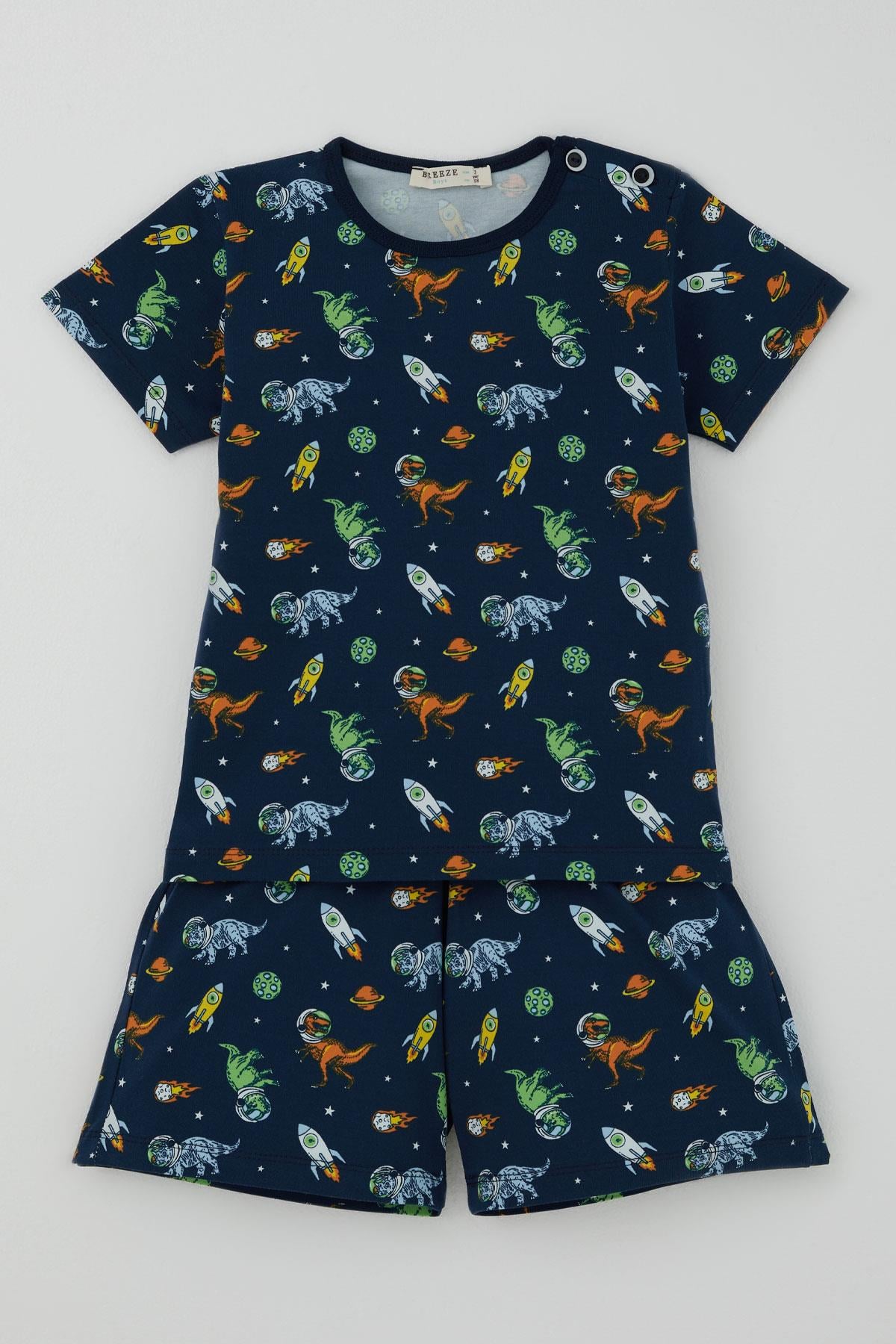 Breeze Erkek Bebek Şortlu Pijama Takımı Uzay Temalı Astronot Dinozor Desenli Lacivert (9 Ay-3 Yaş)