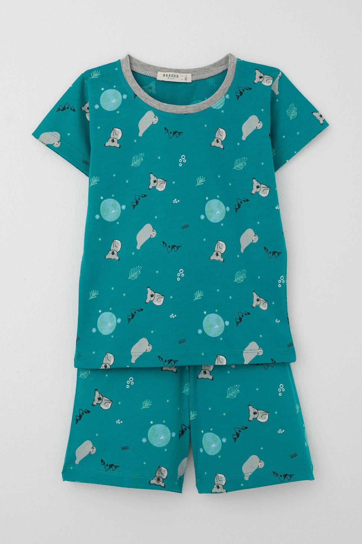 Breeze Erkek Bebek Şortlu Pijama Takımı Kuala Desenli Petrol Yeşili (9 Ay-3 Yaş)