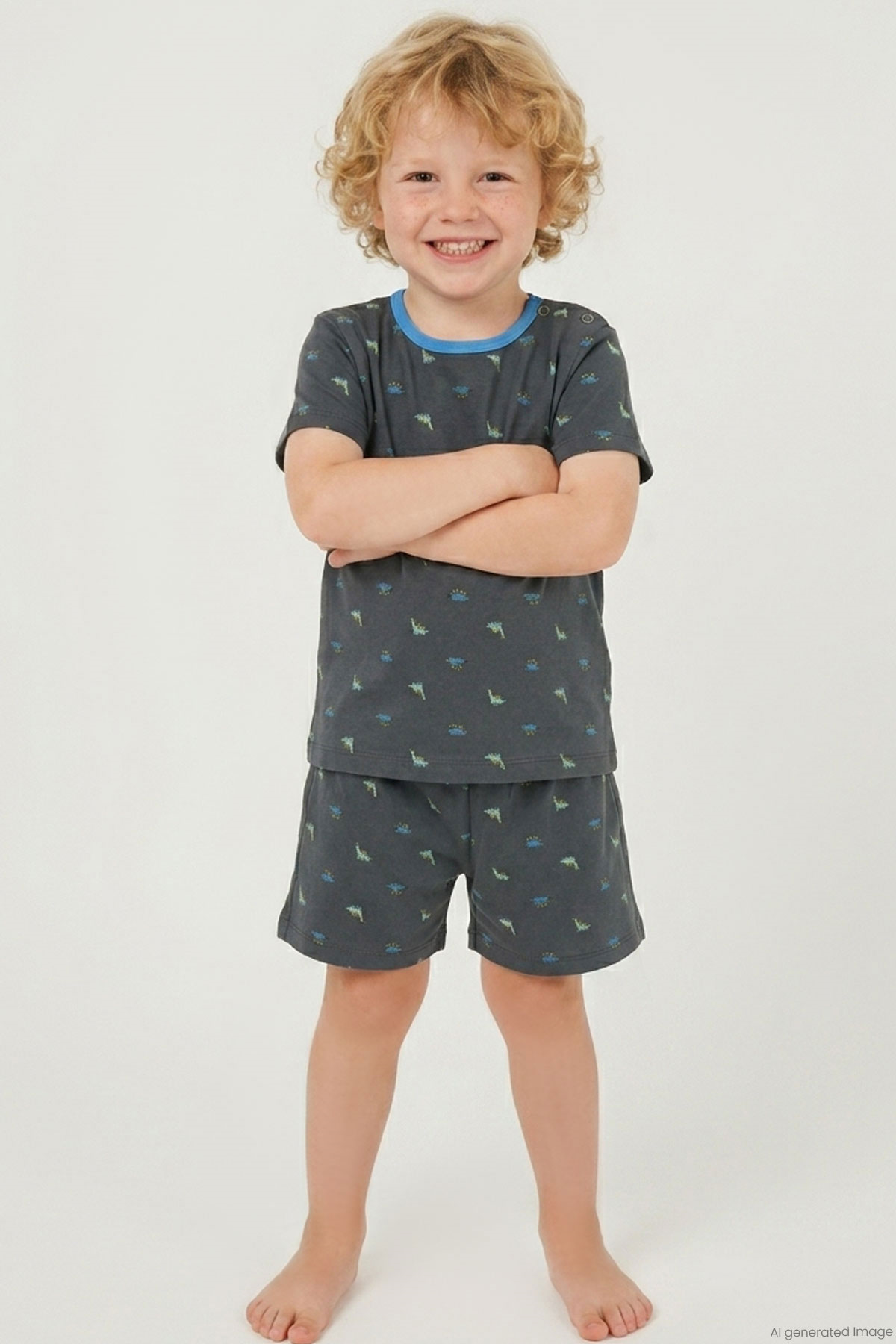 Breeze Erkek Bebek Şortlu Pijama Takımı Renkli Dinozor Desenli Antrasit (9 Ay-3 Yaş)