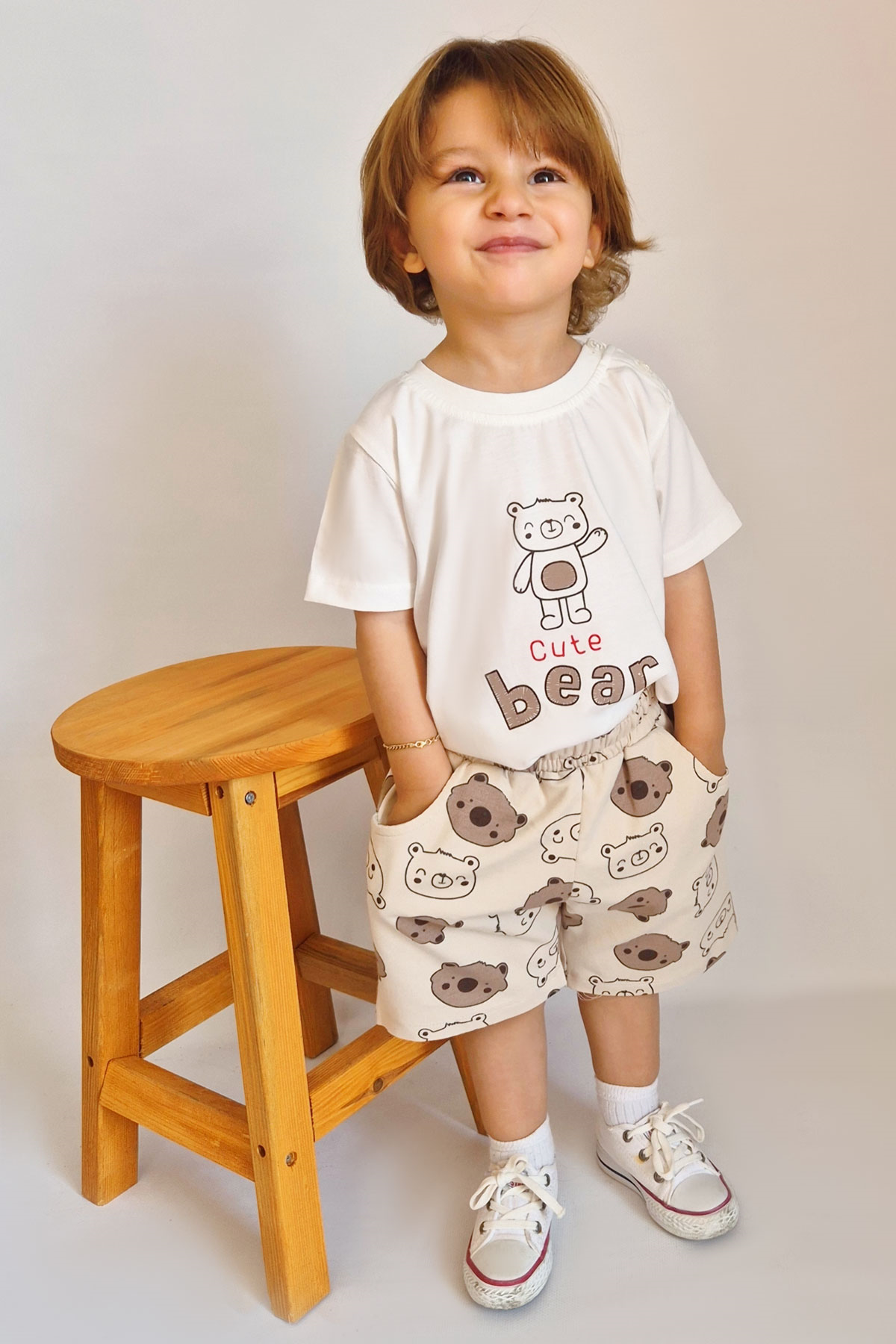 Breeze Erkek Bebek Şortlu Takım Havalı Ayıcık Baskılı Ekru (9 Ay-3 Yaş)
