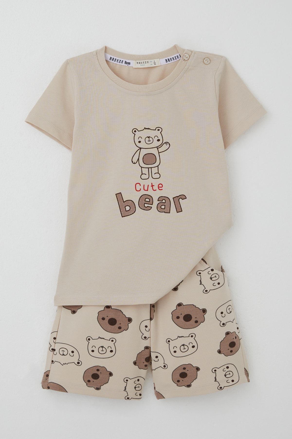 Breeze Erkek Bebek Şortlu Takım Havalı Ayıcık Baskılı Bej (9 Ay-3 Yaş)