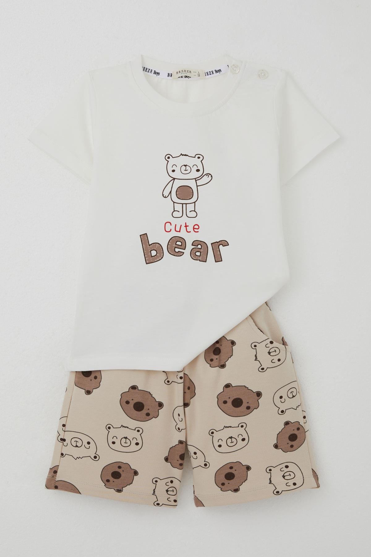 Breeze Erkek Bebek Şortlu Takım Havalı Ayıcık Baskılı Ekru (9 Ay-3 Yaş)