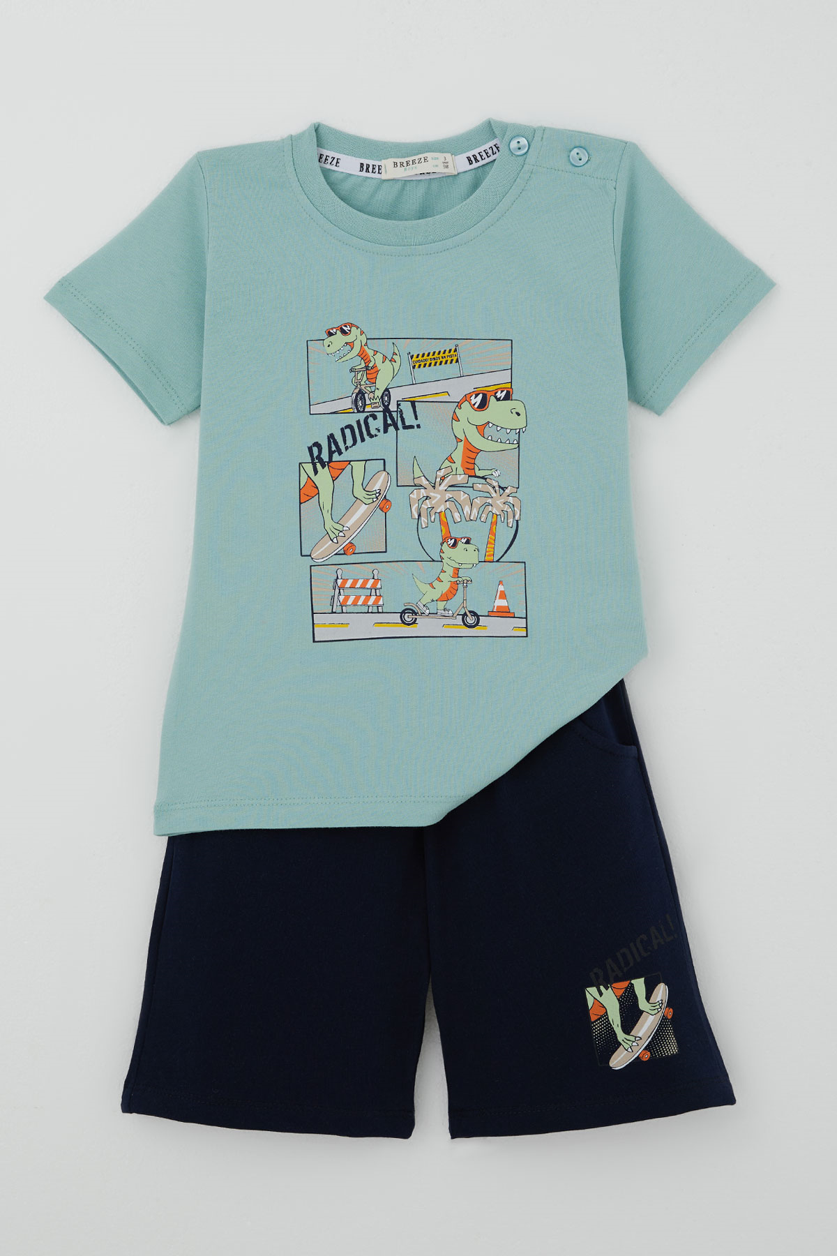 Breeze Erkek Bebek Şortlu Takım Kaykaycı Eğlenceli Dinozor Baskılı Su Yeşili (9 Ay-3 Yaş)