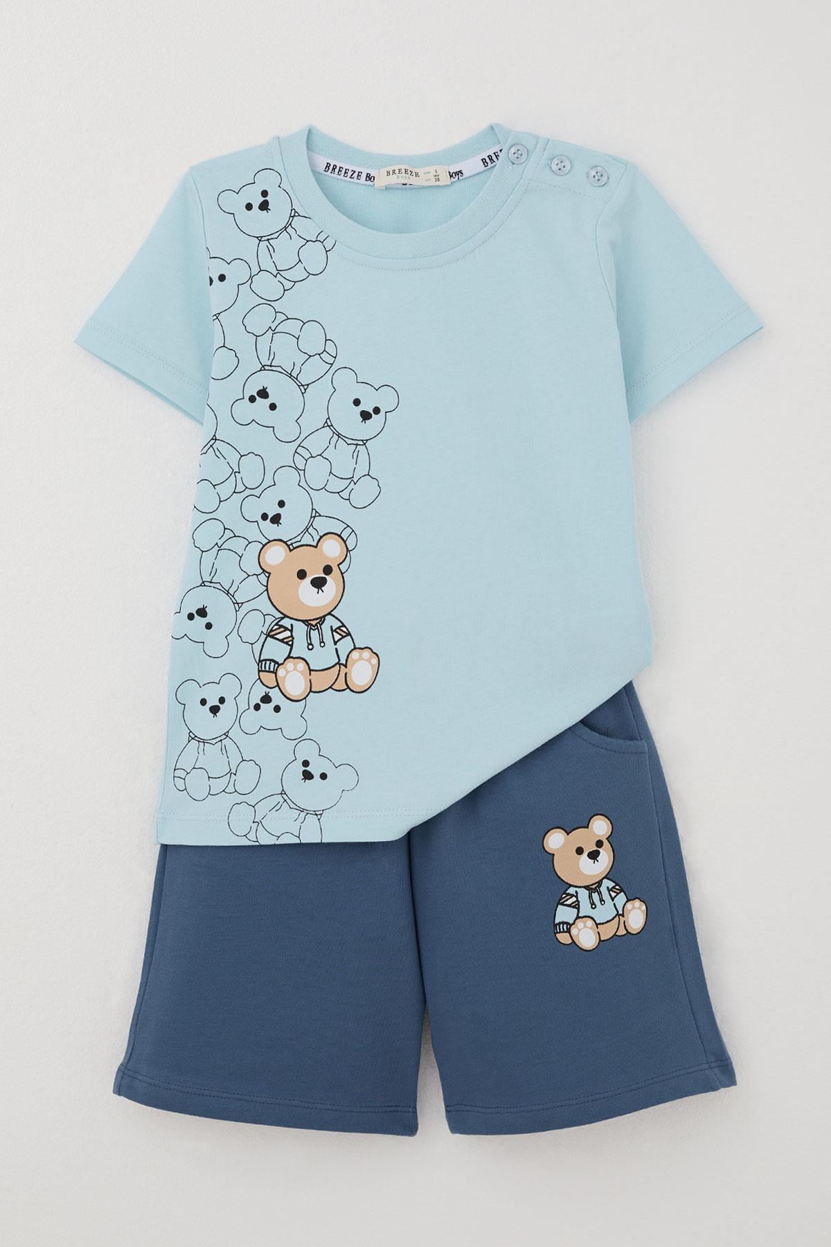 Breeze Erkek Bebek Şortlu Takım Oyuncak Bebek Ayıcık Baskılı Açık Mavi (9 Ay-3 Yaş)