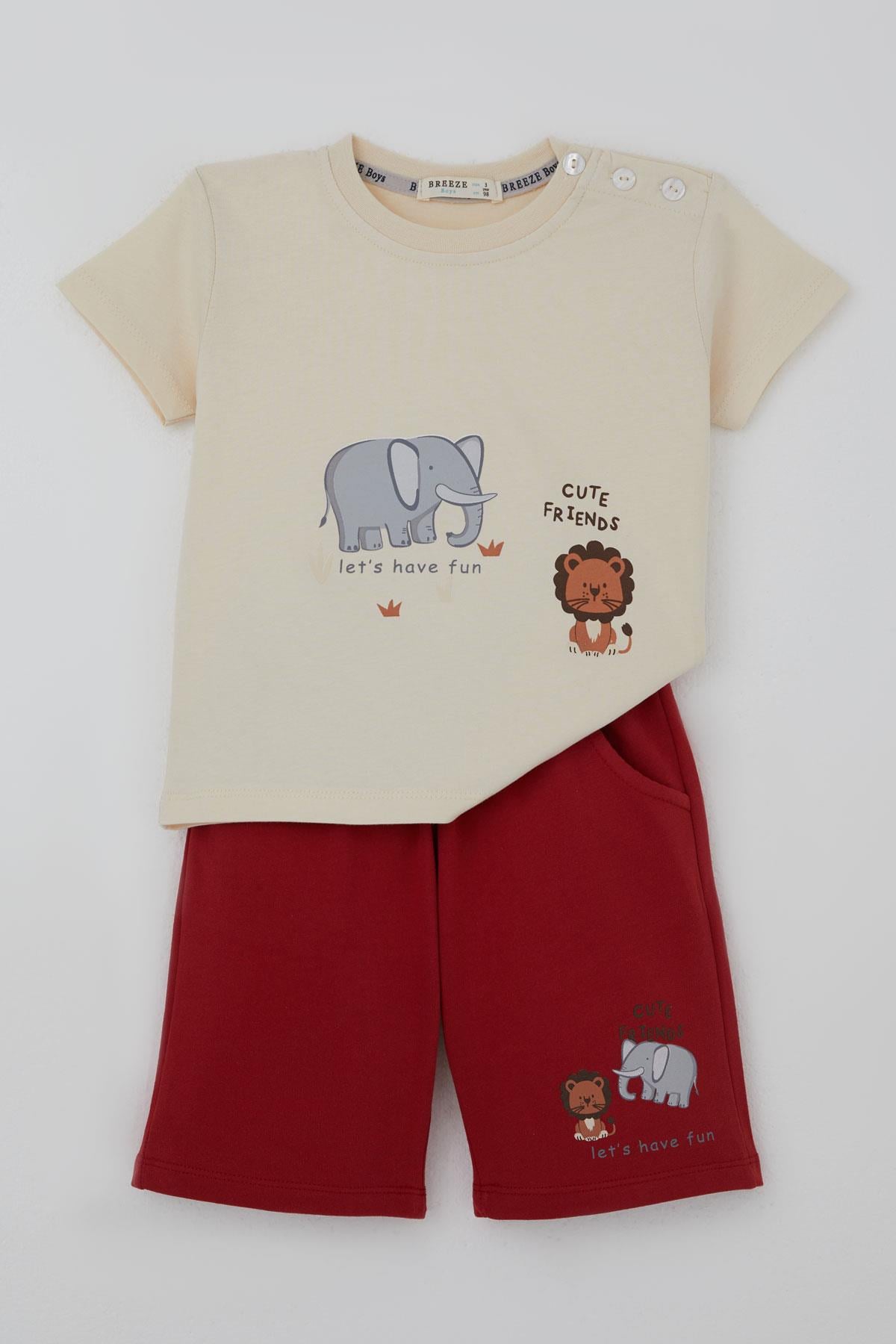 Breeze Erkek Bebek Şortlu Takım Sevimli Hayvancık Arkadaşlar Krem (9 Ay-3 Yaş)