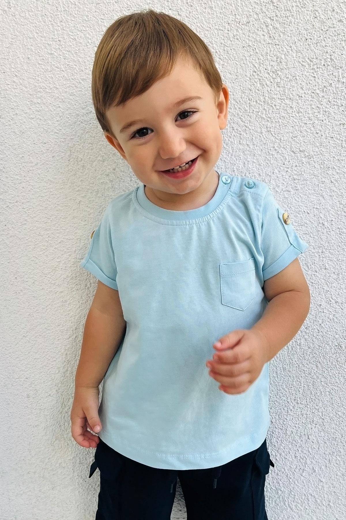 Breeze Erkek Bebek Tişört Cepli Kolları Düğme Aksesuarlı Açık Mavi (9 Ay-3 Yaş)