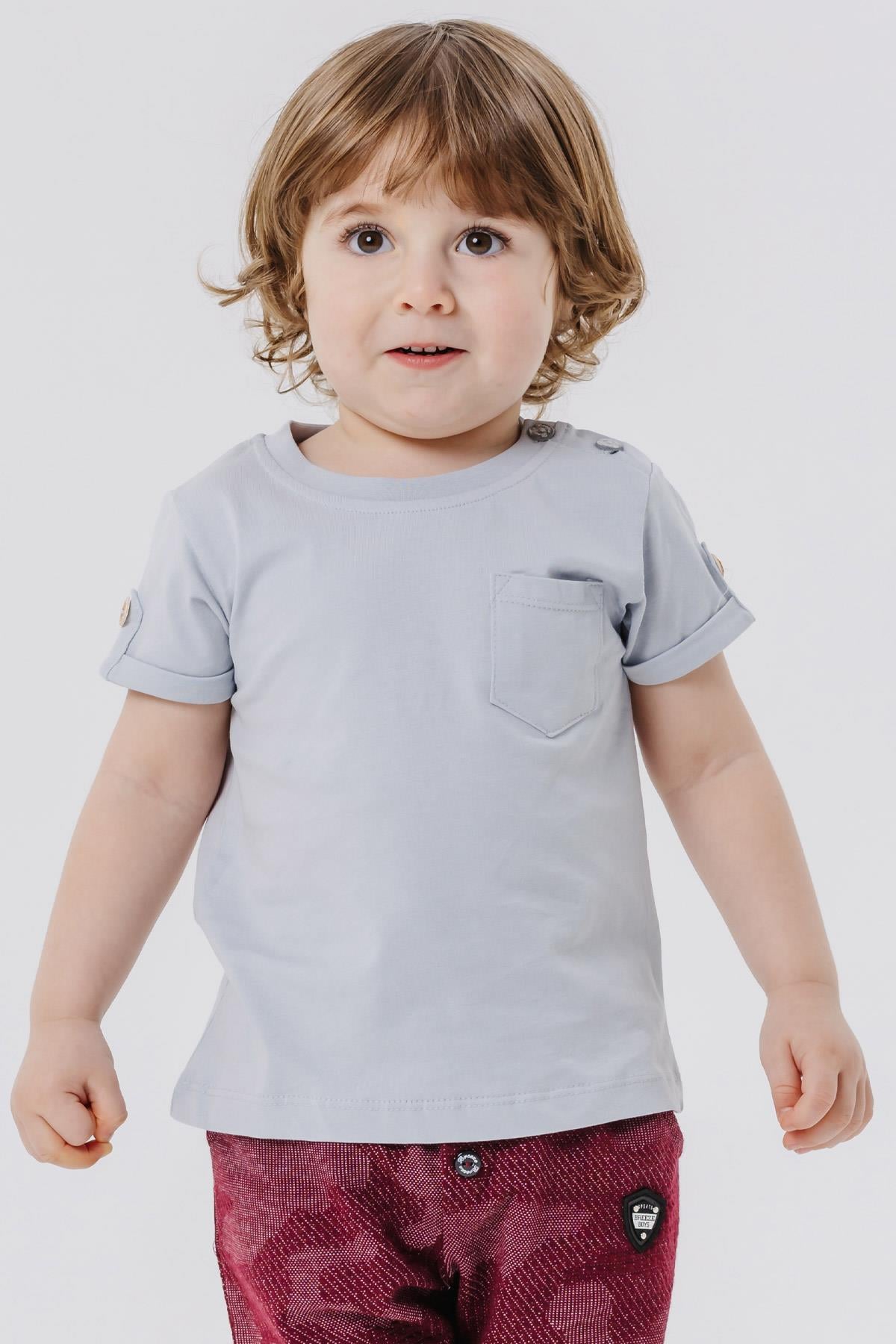 Breeze Erkek Bebek Tişört Cepli Kolları Düğme Aksesuarlı Gri (9 Ay-3 Yaş)