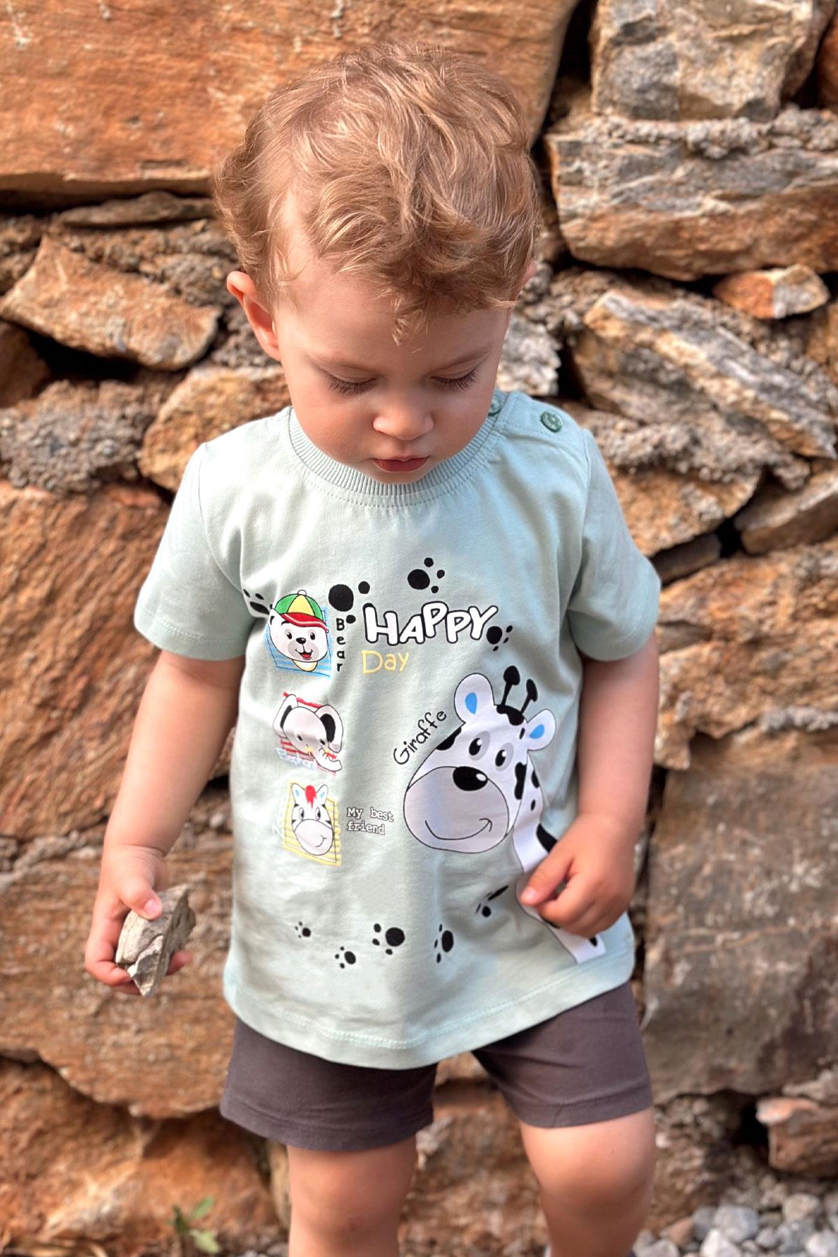Breeze Erkek Bebek Tişört Sevimli Hayvancıklar Baskılı Mint Yeşili (9 Ay-3 Yaş)