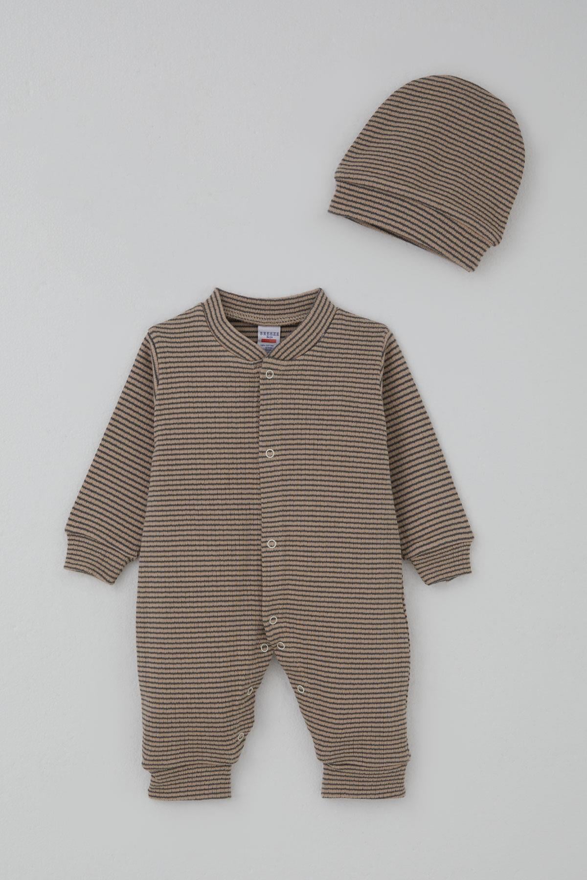 Breeze Erkek Bebek Tulum Çizgili Çıtçıtlı Vizon (0-9 Ay)