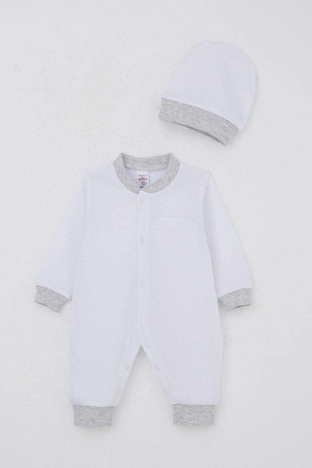 Breeze Erkek Bebek Tulum Nokta Desenli Beyaz (0-6 Ay)