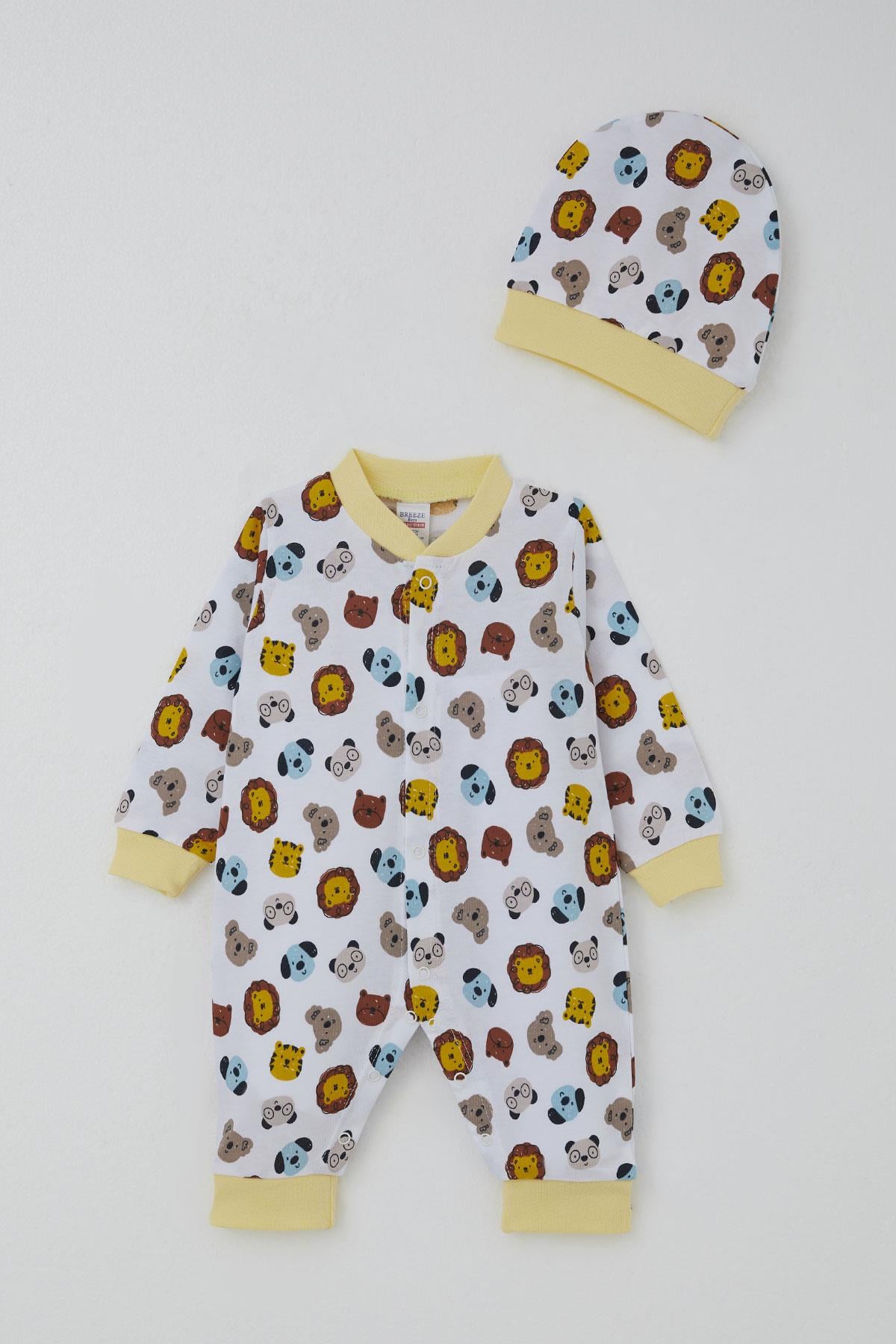 Breeze Erkek Bebek Tulum Sevimli Hayvancıklar Desenli Beyaz (0-6 Ay)