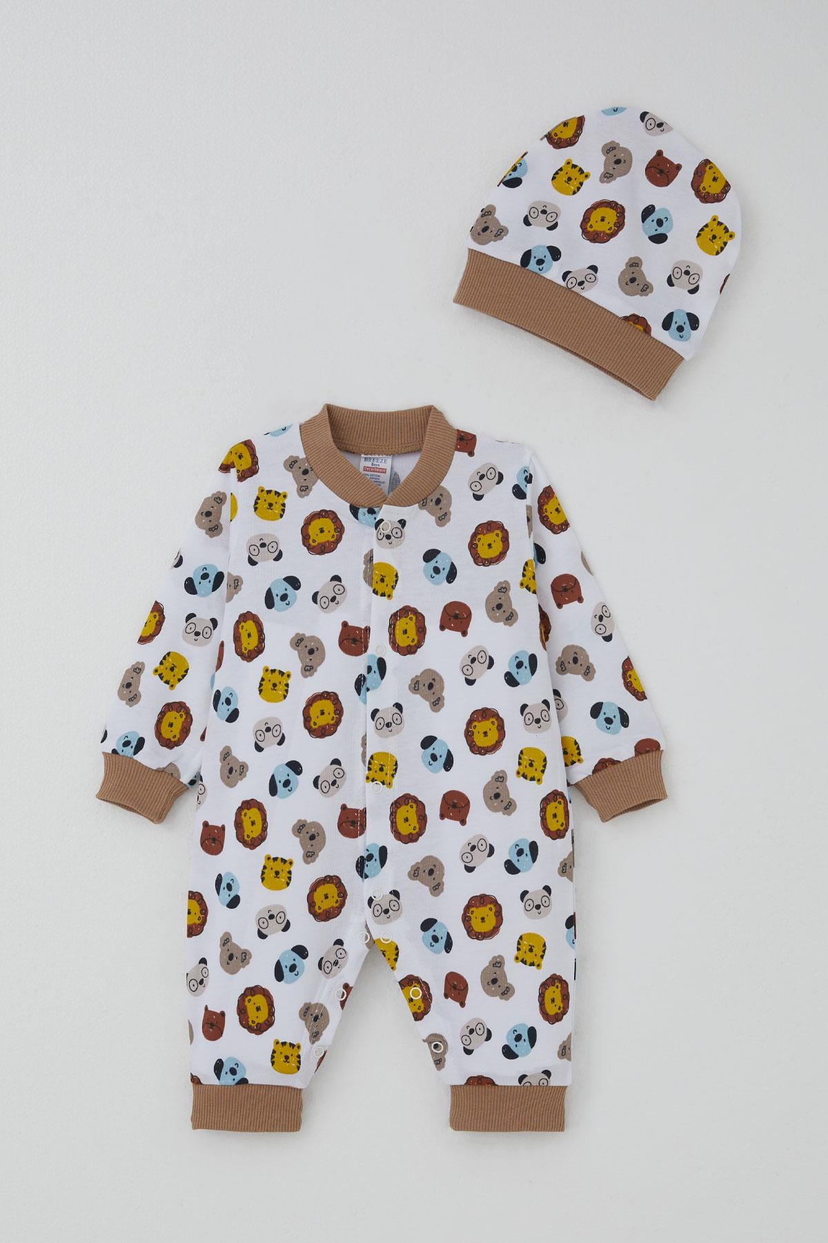 Breeze Erkek Bebek Tulum Sevimli Hayvancıklar Desenli Beyaz (0-6 Ay)