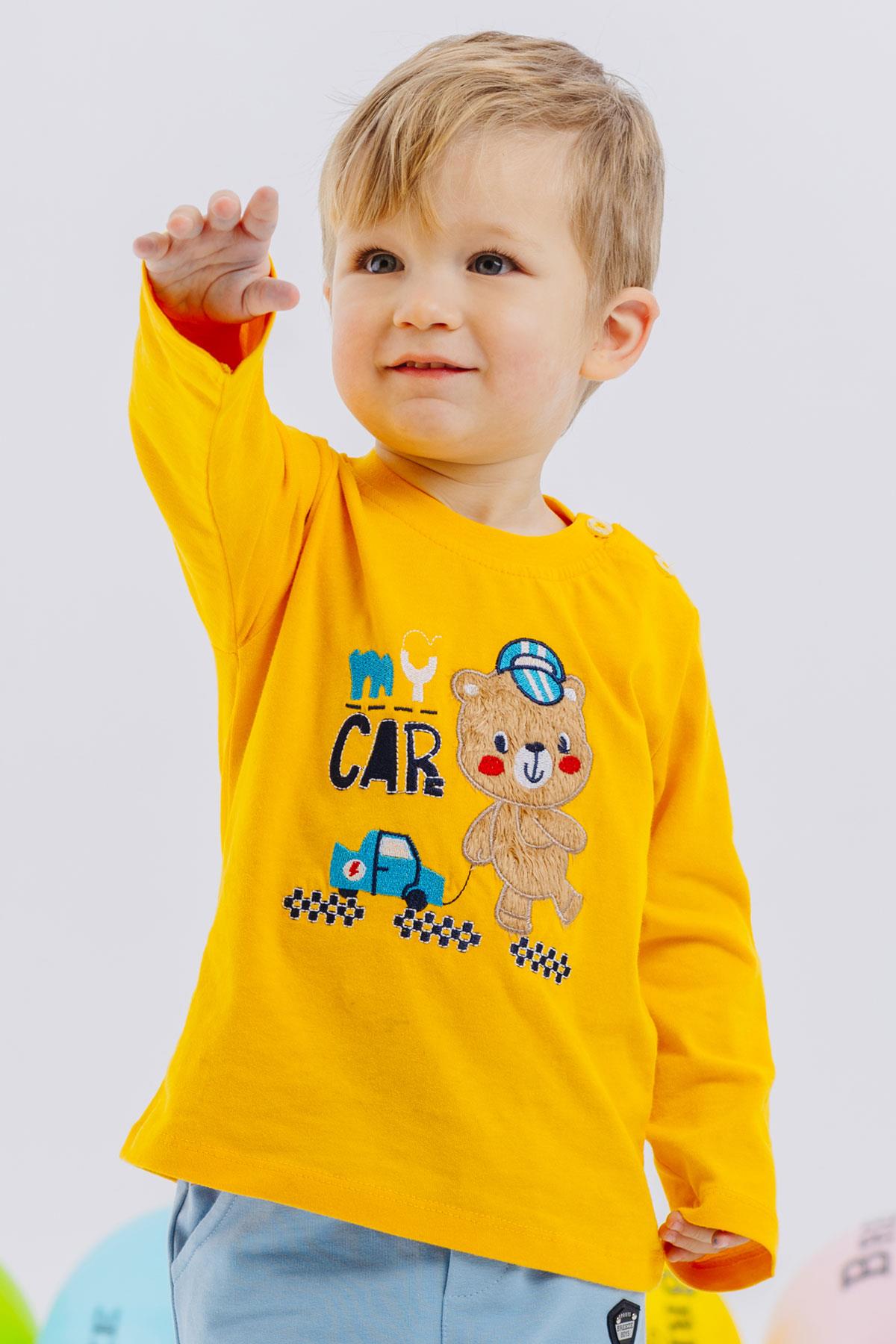 Breeze Erkek Bebek Uzun Kollu Tişört Ayıcık Baskılı Yazı Nakışlı Sarı (9 Ay-3 Yaş)