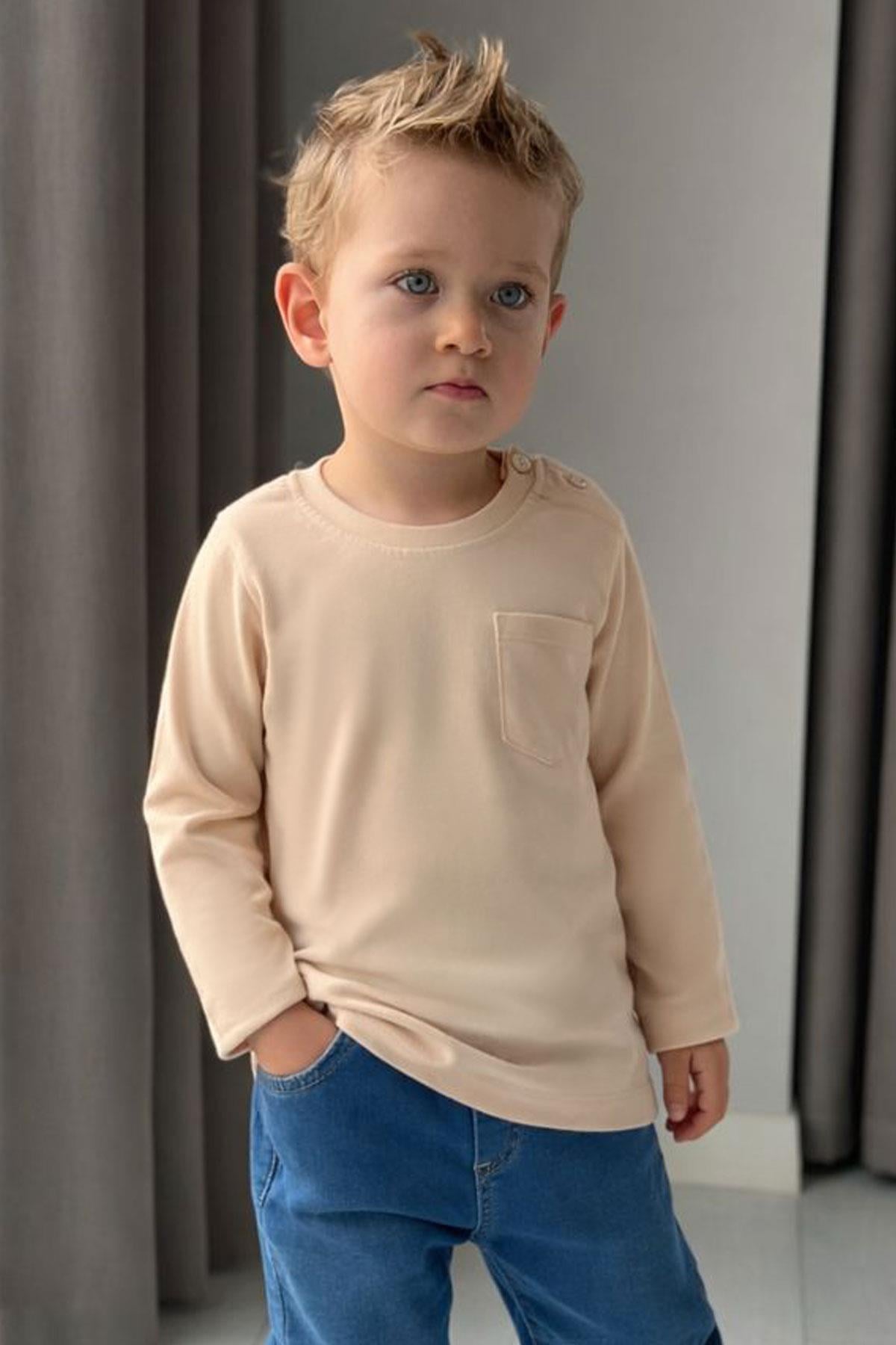 Breeze Erkek Bebek Uzun Kollu Tişört Cepli Bej (9 Ay-3 Yaş)