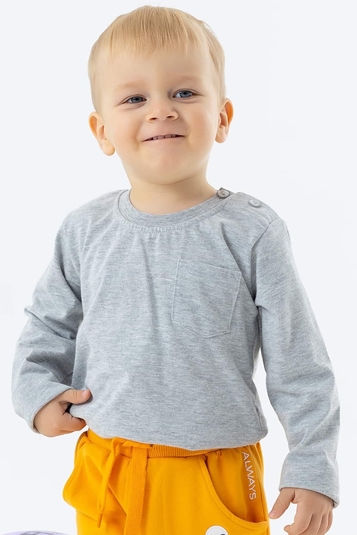 Breeze Erkek Bebek Uzun Kollu Tişört Cepli Gri Melanj (9 Ay-3 Yaş)