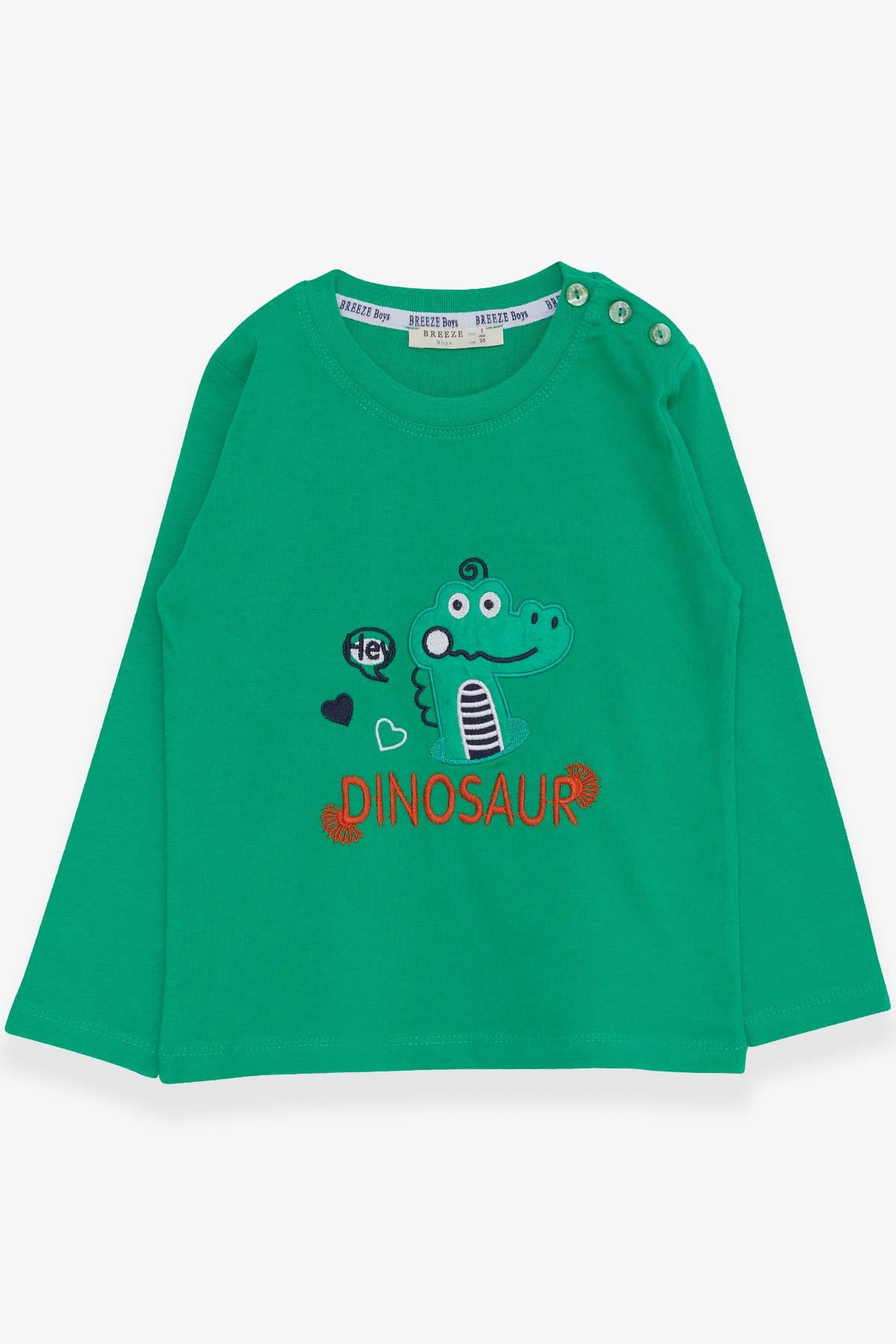 Breeze Erkek Bebek Uzun Kollu Tişört Dinozor Nakışlı Yeşil (9 Ay-3 Yaş)