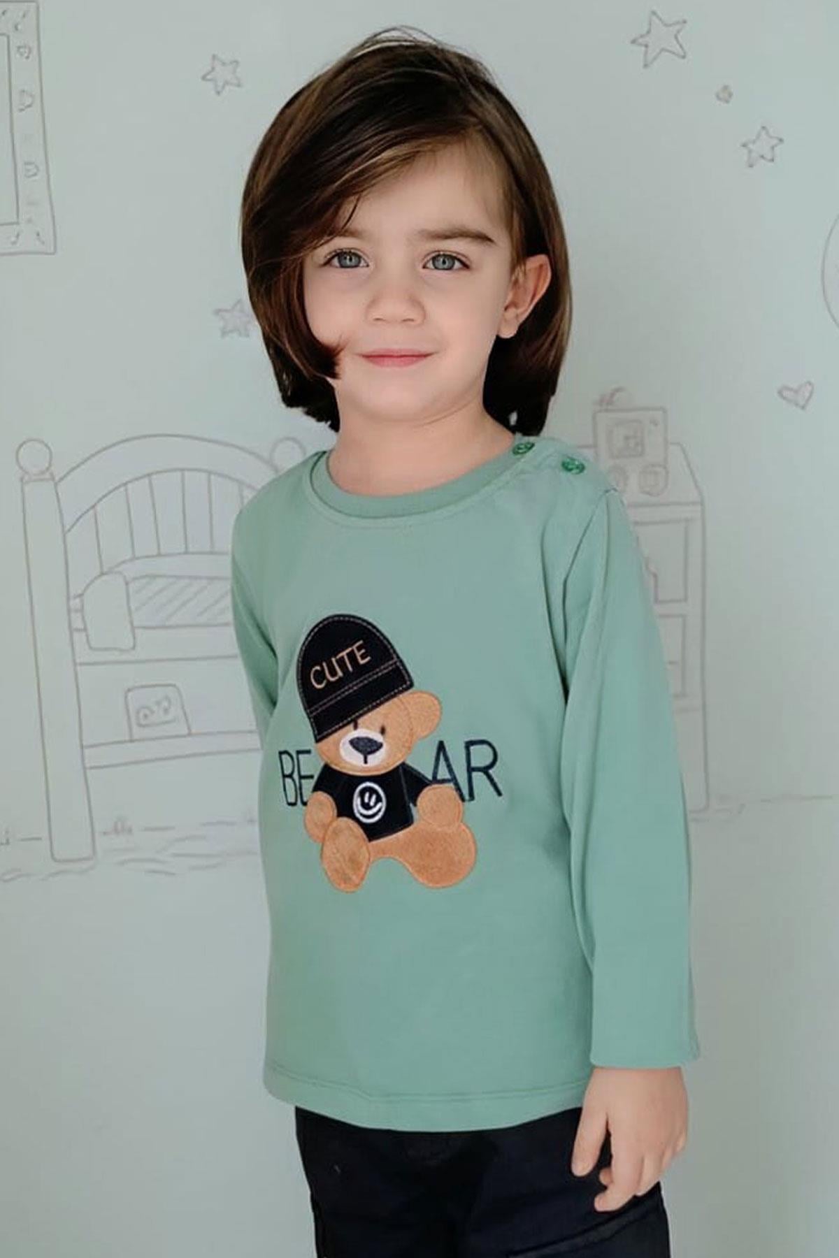 Breeze Erkek Bebek Uzun Kollu Tişört Havalı Ayıcık Nakışlı Mint Yeşili (9 Ay-2 Yaş)