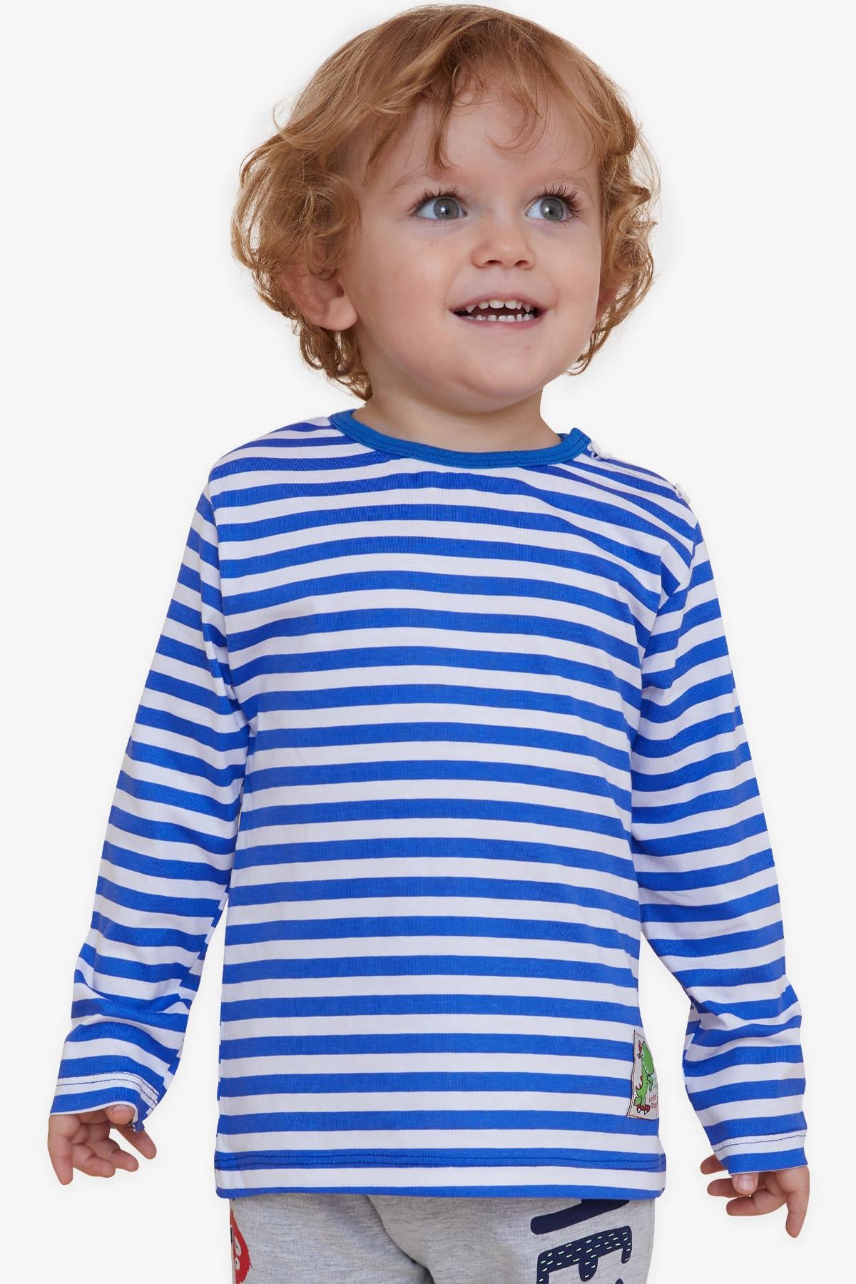 Breeze Erkek Bebek Uzun Kollu Tişört Patlı Çizgili Dinozor Baskılı Koyu Mavi (9 Ay-3 Yaş)