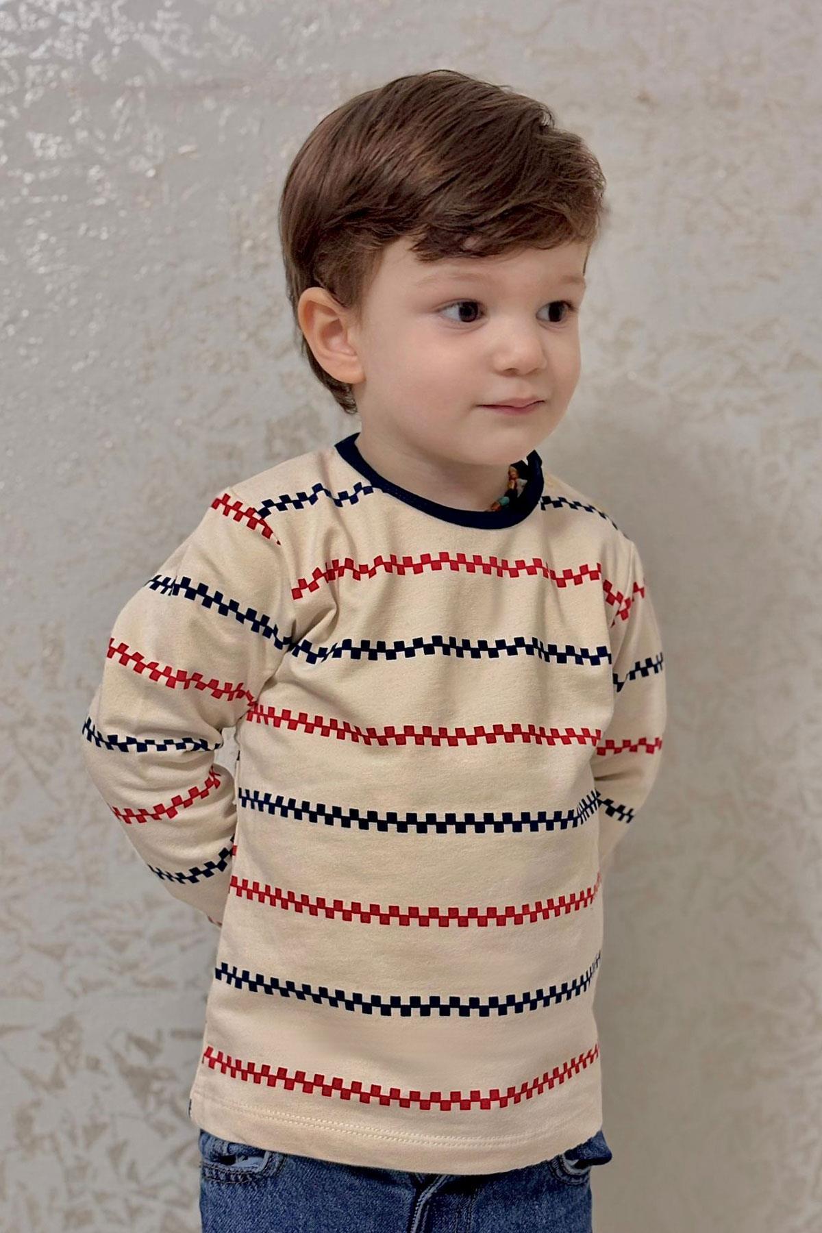 Breeze Erkek Bebek Uzun Kollu Tişört Patlı Minimal Marin Çizgili Krem (9 Ay-3 Yaş)