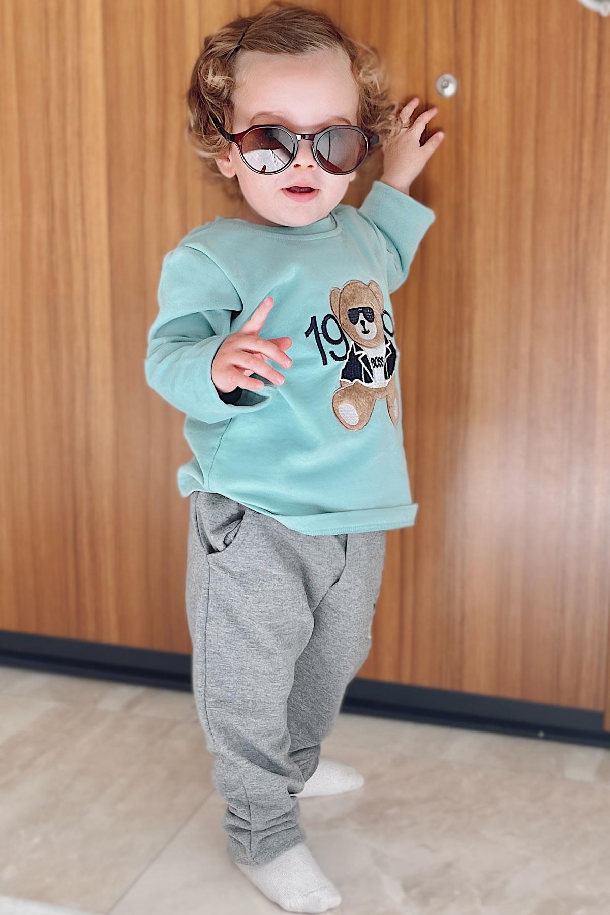 Breeze Erkek Bebek Uzun Kollu Tişört Patron Ayıcık Nakışlı Su Yeşili (9 Ay-3 Yaş)