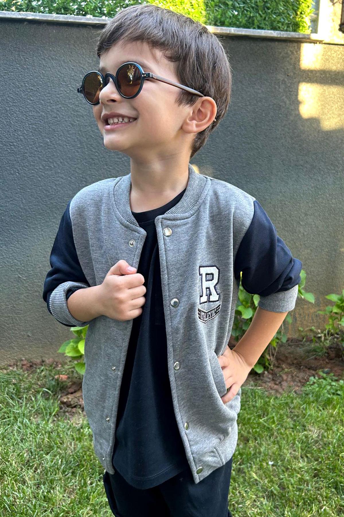 Breeze Erkek Çocuk College Ceket Harf Nakışlı Çıtçıtlı Gri Melanj (3-6 Yaş)