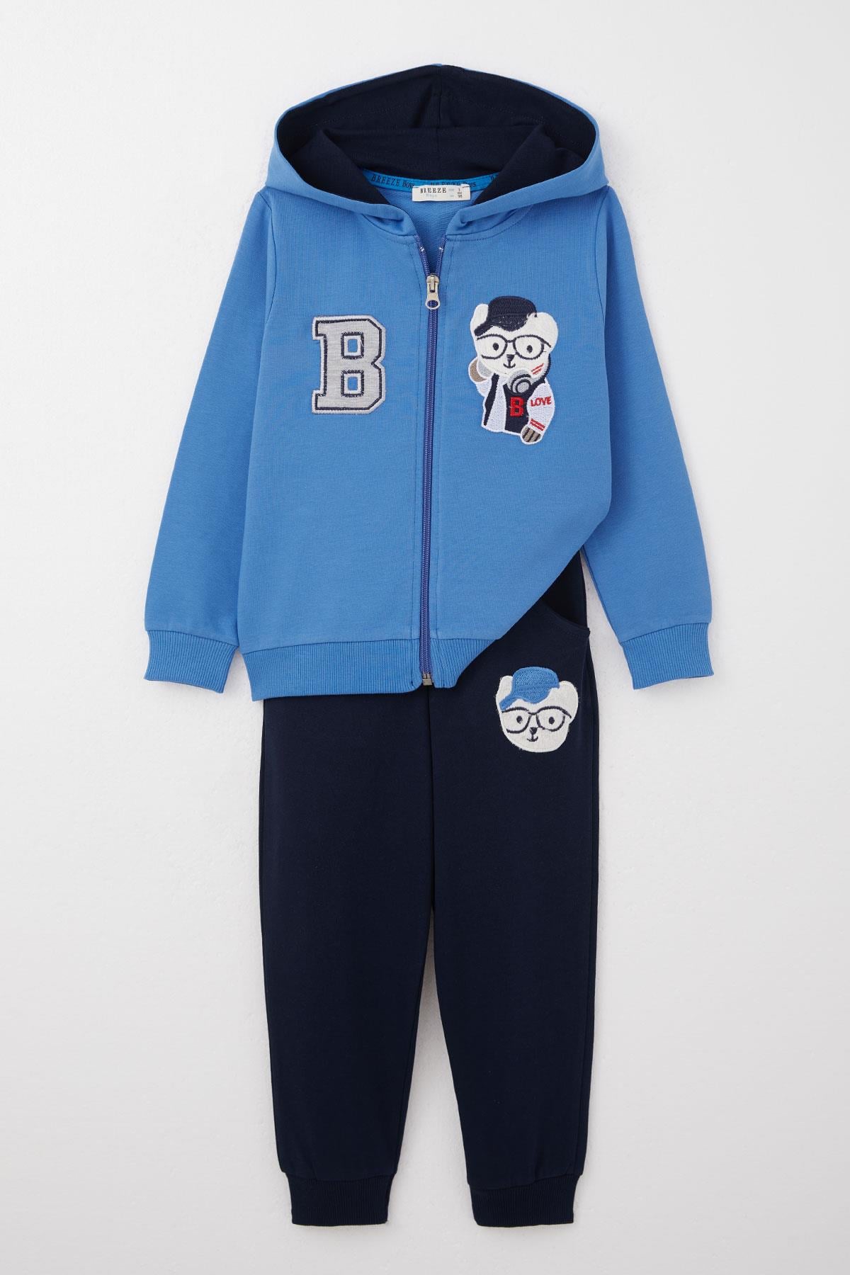 Breeze Erkek Çocuk Eşofman Takım Havalı Ayıcık Nakışlı Saks Mavisi (1.5-5 Yaş)