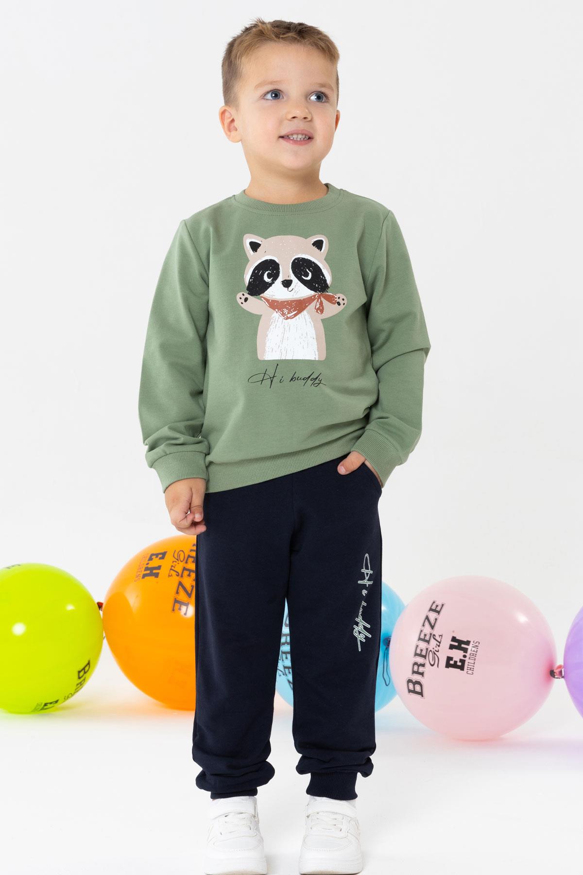 Breeze Erkek Çocuk Eşofman Takım Sevimli Rakun Baskılı Haki Yeşil (1.5-5 Yaş)