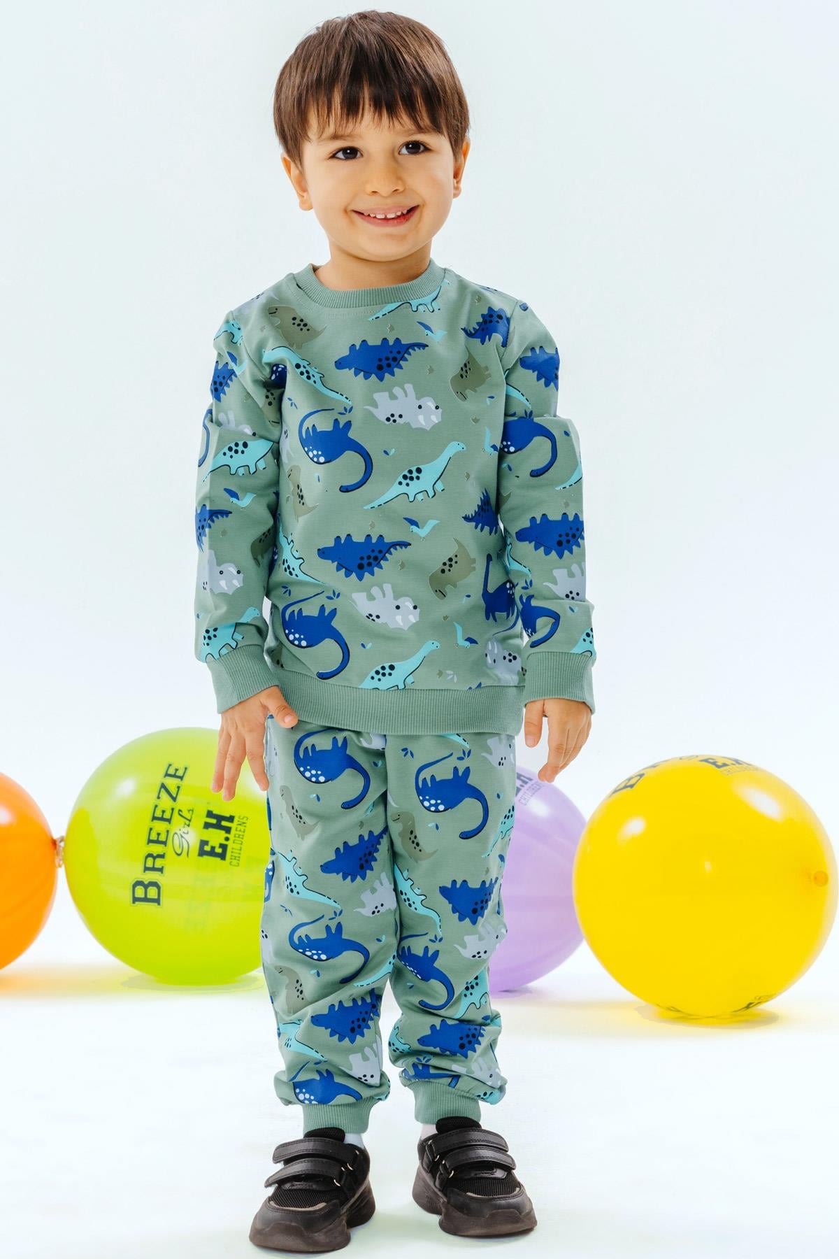Breeze Erkek Çocuk Eşofman Takımı Dinozor Desenli Mint Yeşili (1-4 Yaş)