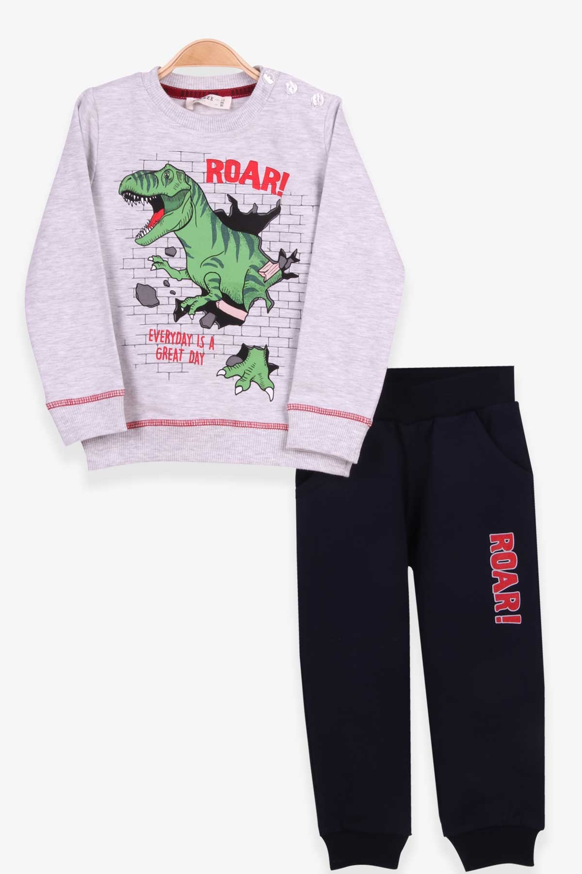 Breeze Erkek Çocuk Eşofman Takımı Dinozor Baskılı Açık Gri Melanj (1.5-5 Yaş)