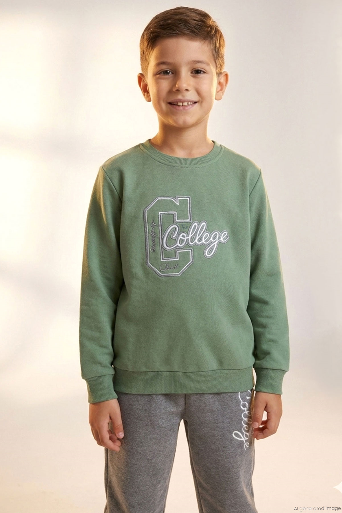 Breeze Erkek Çocuk Eşofman Takımı Kolej Rüzgarı Yazı Nakışlı Mint Yeşili (5-8 Yaş)