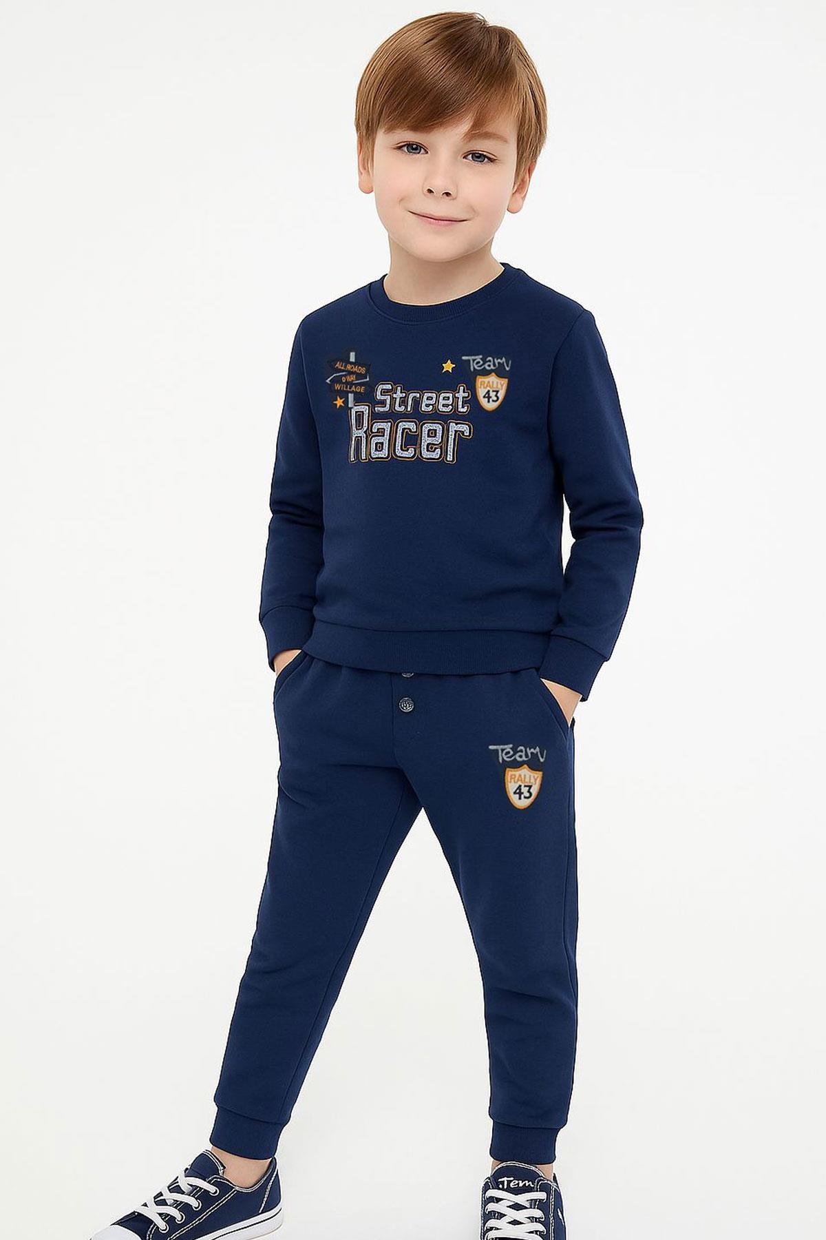 Breeze Erkek Çocuk Eşofman Takımı Yarış Temalı Nakışlı Yazı Baskılı Lacivert (4-8 Yaş)