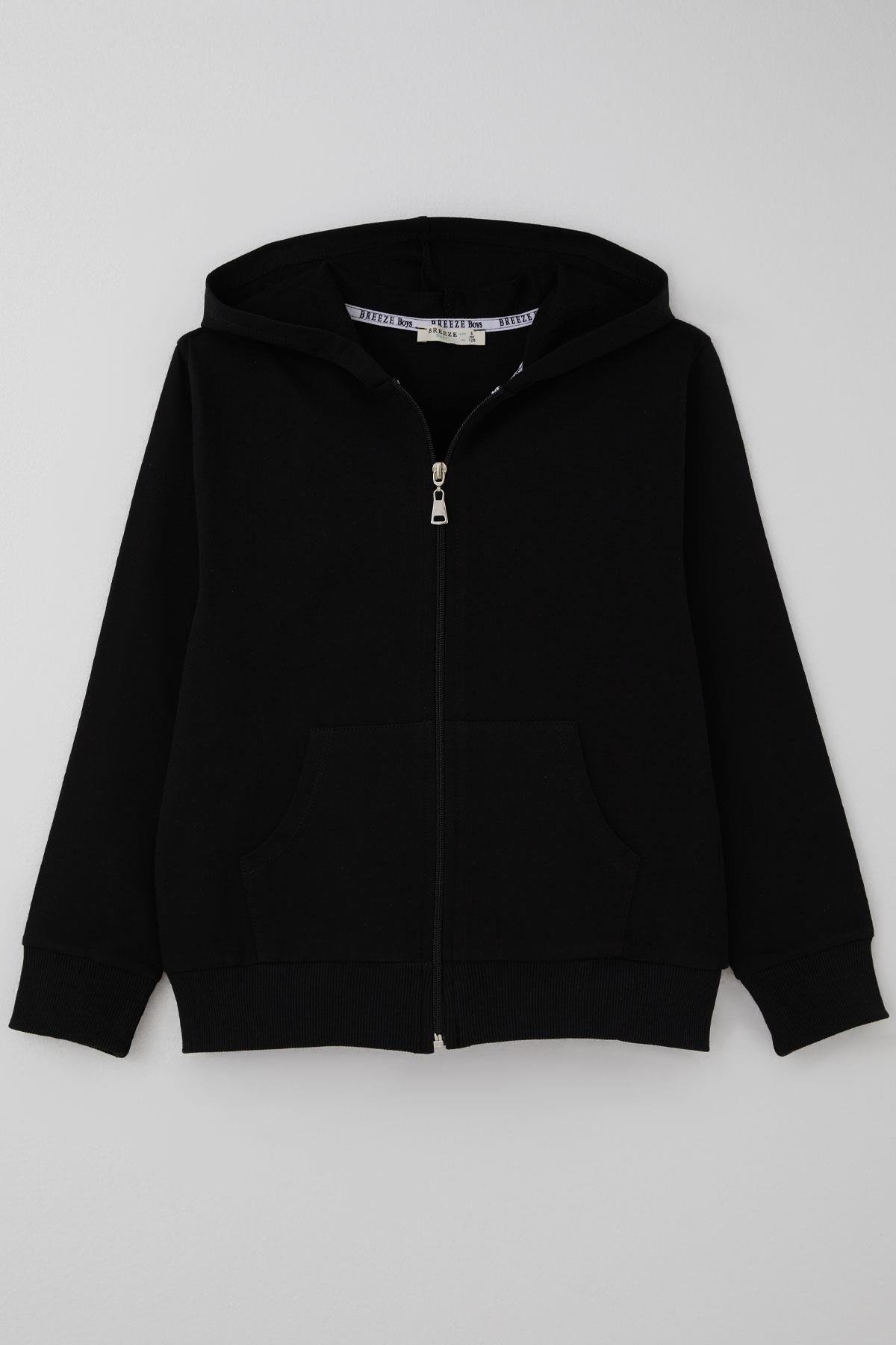 Breeze Erkek Çocuk Hırka Basic Kapüşonlu Fermuarlı Siyah (6-10 Yaş)