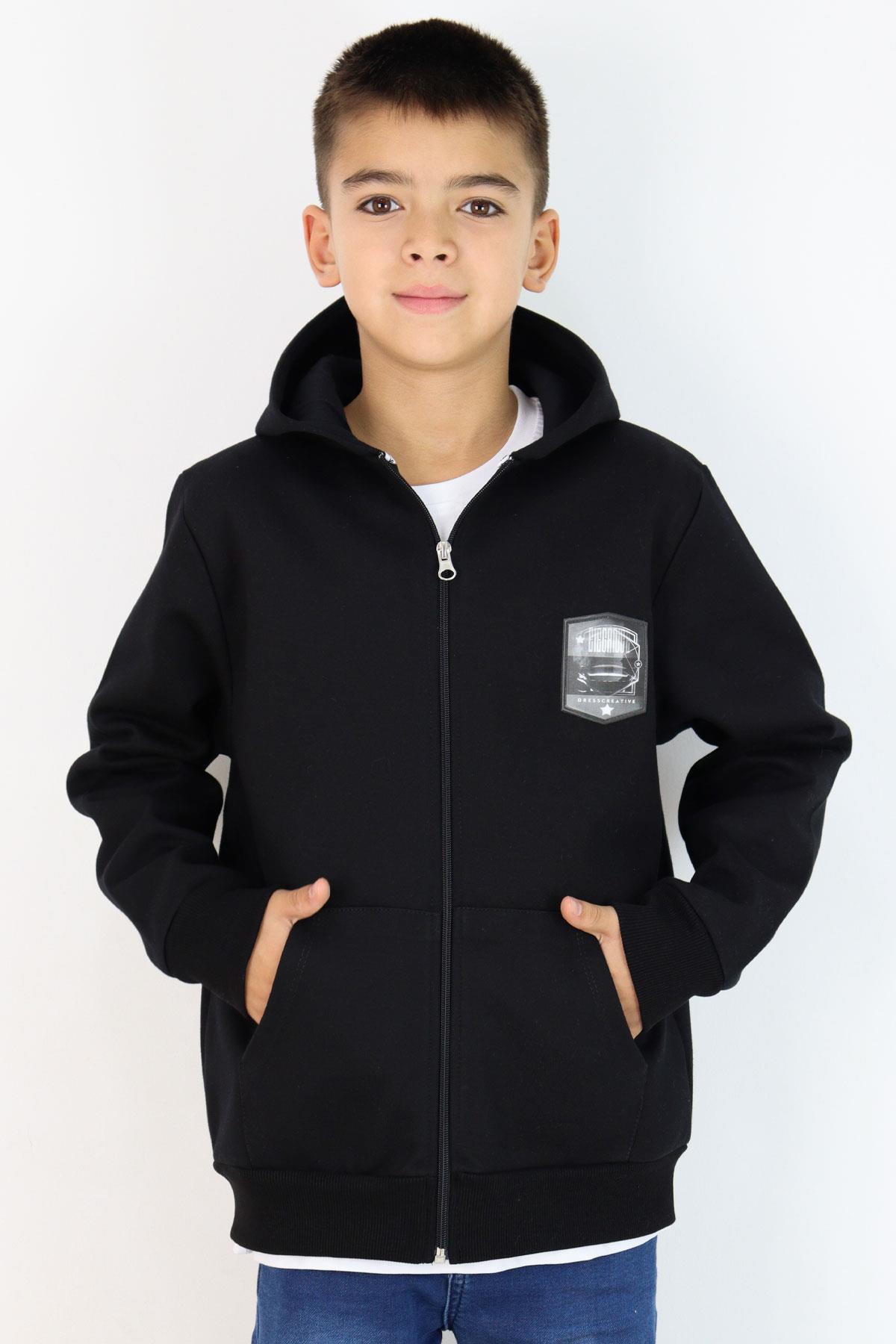 Breeze Erkek Çocuk Hırka Değişken Arma Baskılı Fermuarlı Cepli Siyah (8-14 Yaş)