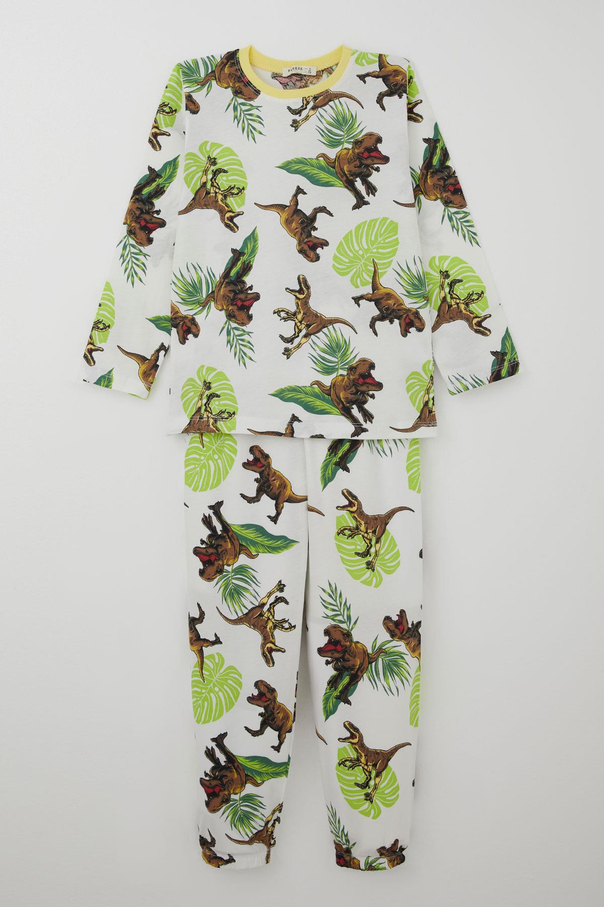 Breeze Erkek Çocuk Pijama Takımı Kükreyen Orman Dinozoru Beyaz (4-8 Yaş)