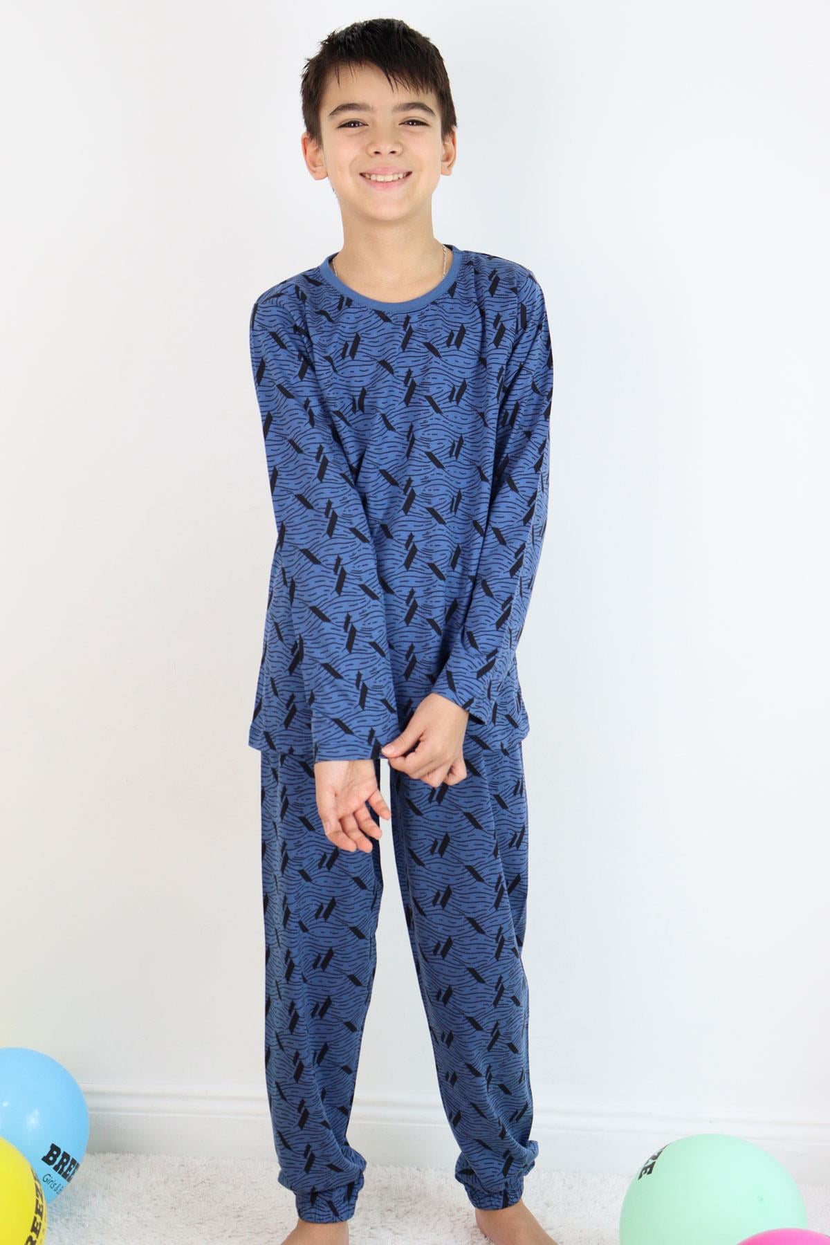 Breeze Erkek Çocuk Pijama Takımı Okyanus Çizgisi Dalga Desenli İndigo (9-11 Yaş)
