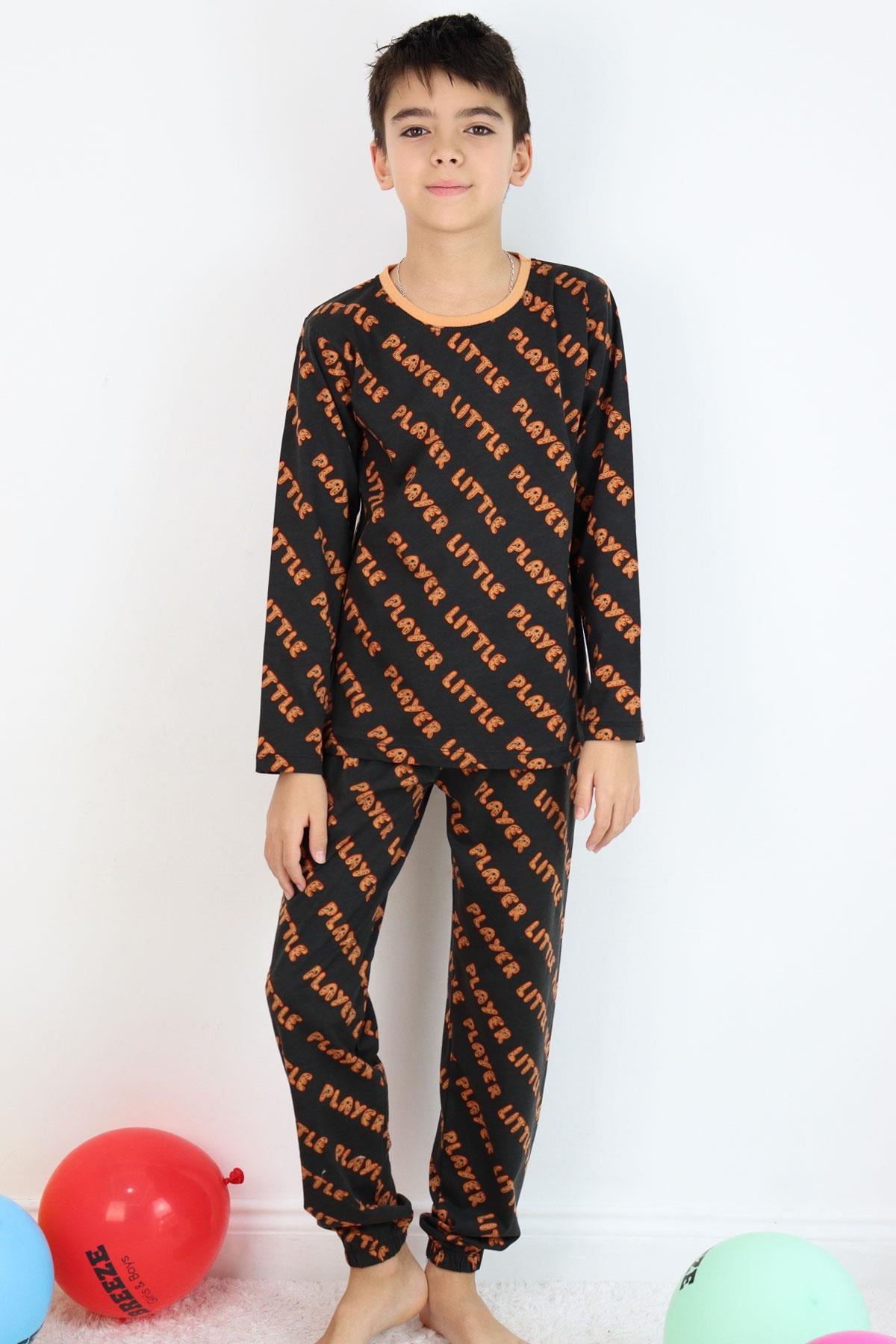 Breeze Erkek Çocuk Pijama Takımı Oyun Zamanı Küçük Oyuncu Yazılı Koyu Kahve (9-11 Yaş)