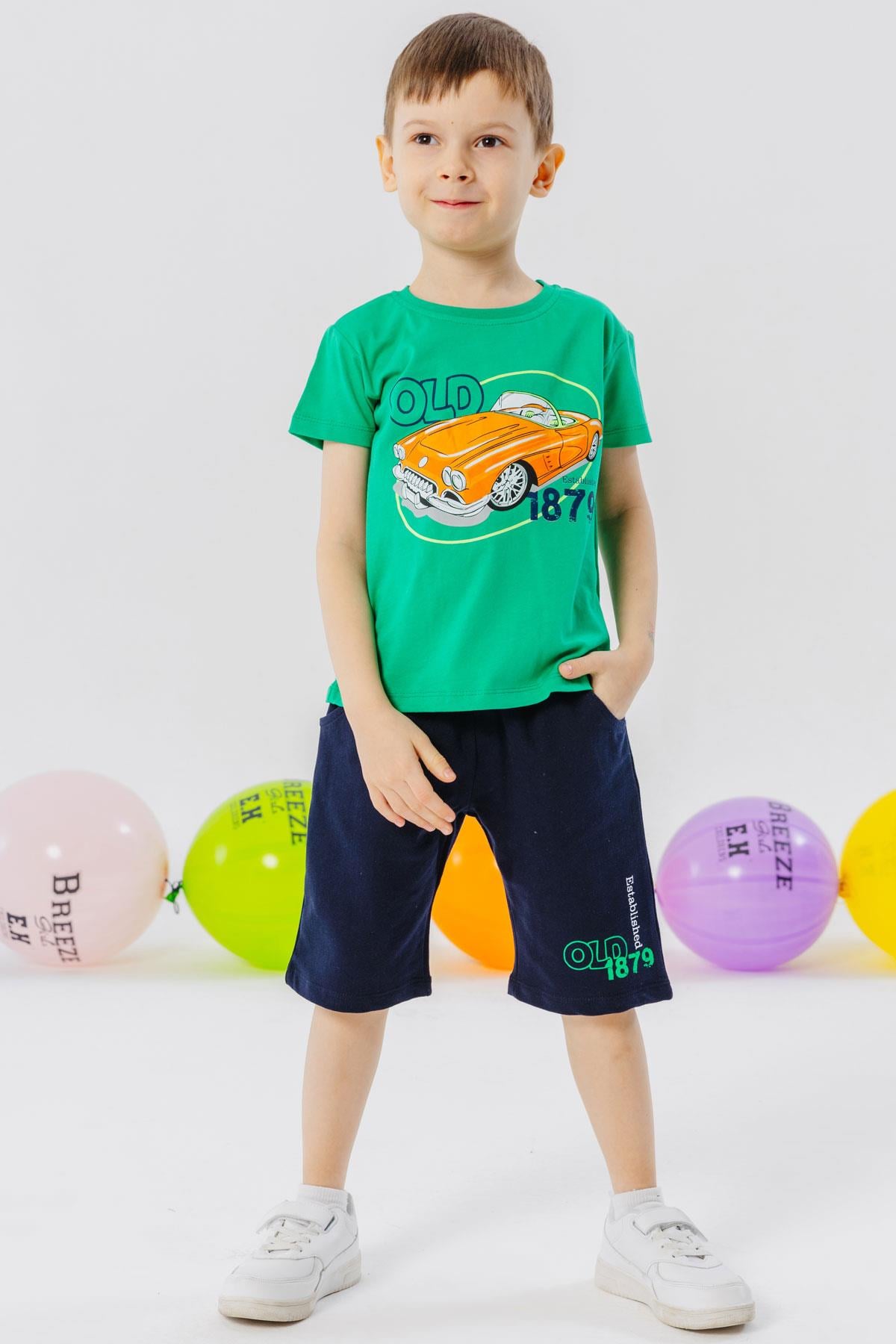 Breeze Erkek Çocuk Şortlu Takım Antika Araba Temalı Yeşil (1.5-5 Yaş)