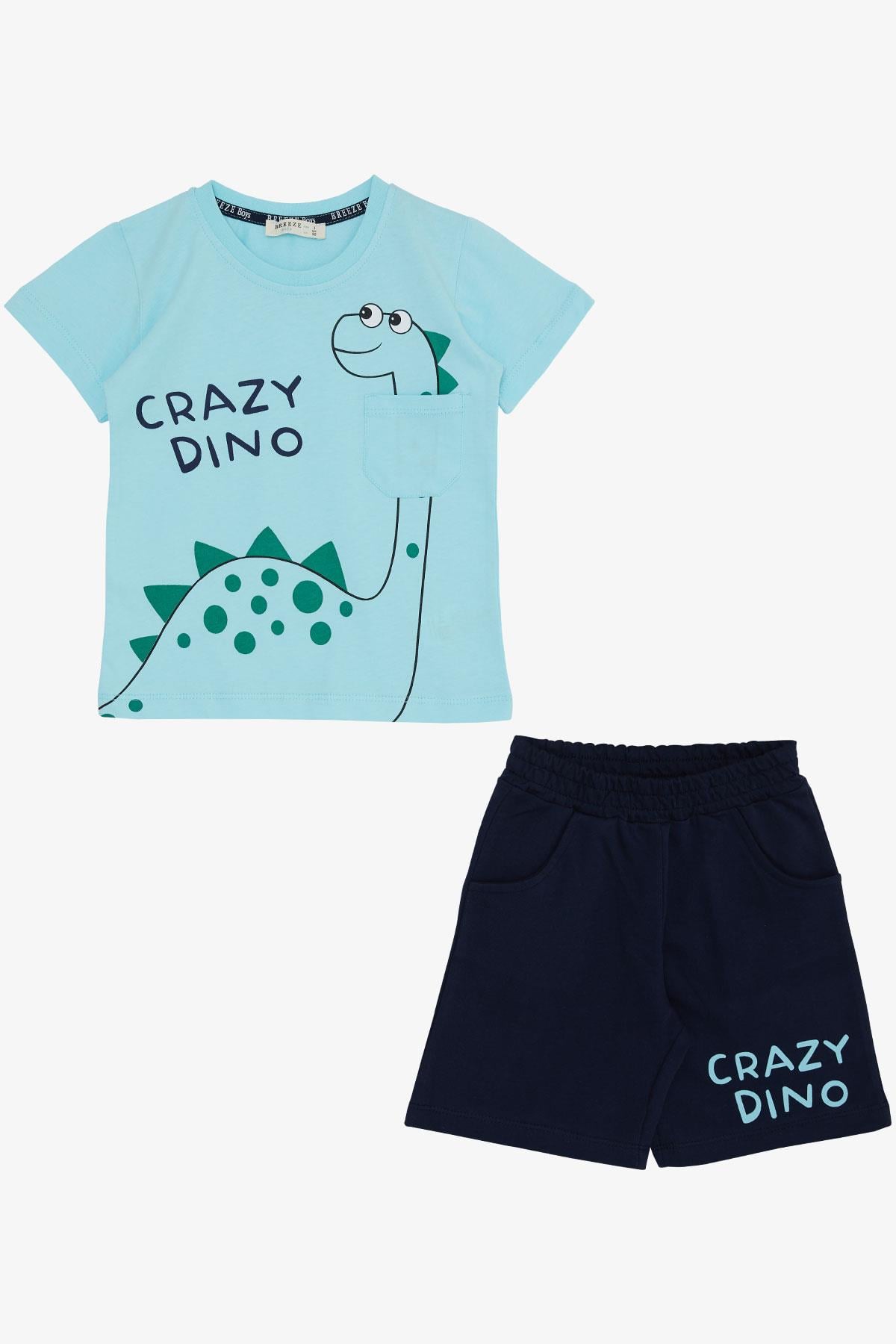 Breeze Erkek Çocuk Şortlu Takım Çılgın Dinozor Baskılı Açık Mavi (1.5-5 Yaş)
