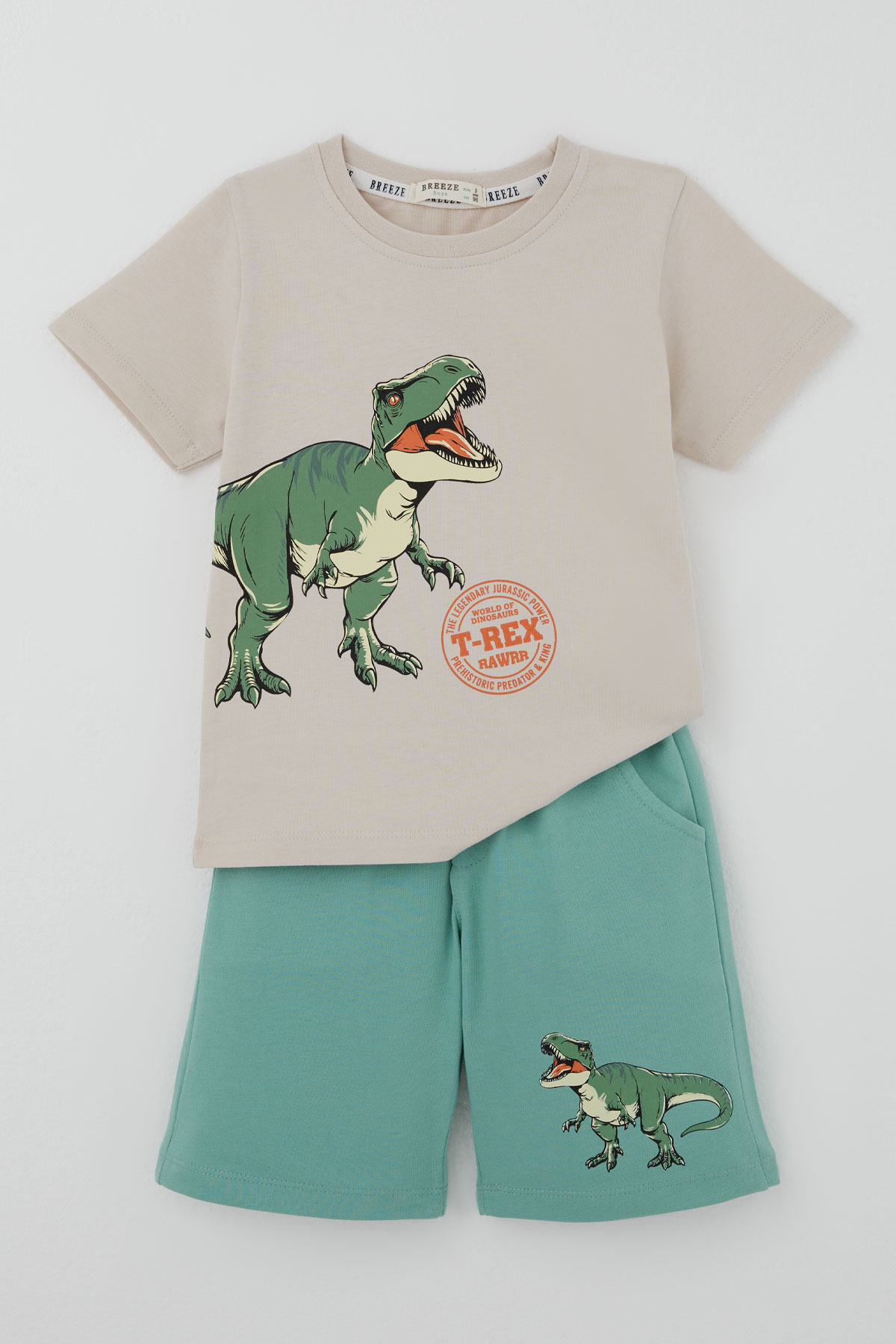 Breeze Erkek Çocuk Şortlu Takım Kükreyen Dinozor Baskılı Bej (2-6 Yaş)