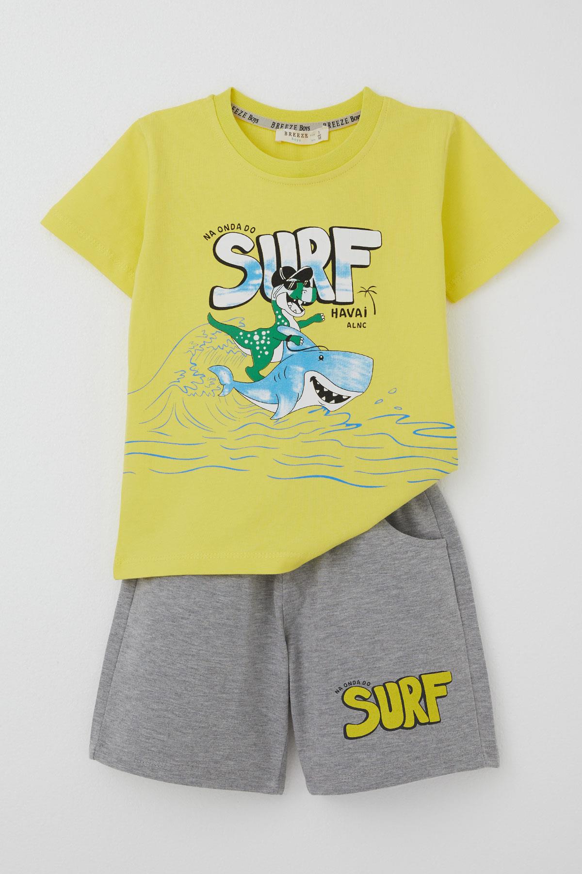 Breeze Erkek Çocuk ŞortluTakım Tatil Temalı Neşeli Sörfçü Hayvancıklar Baskılı Sarı (2-6 Yaş)