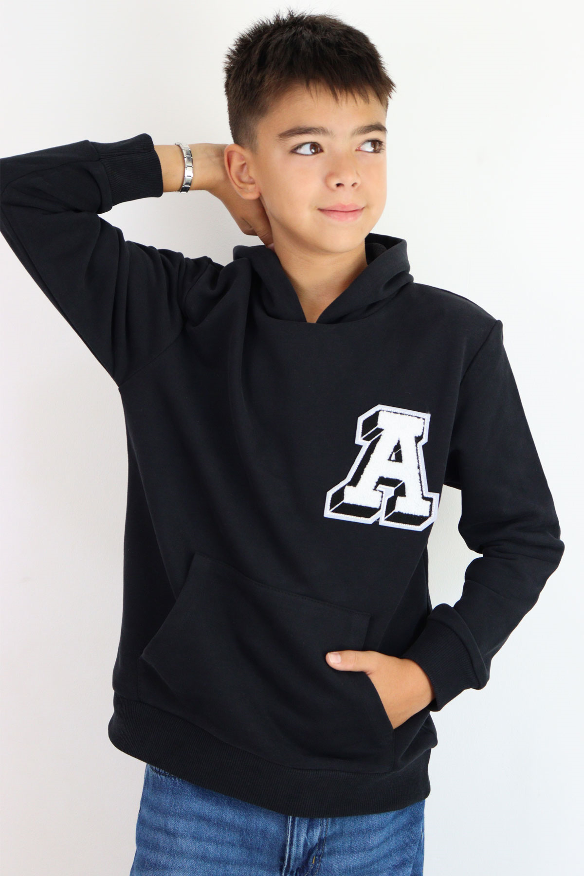 Breeze Erkek Çocuk Sweatshirt A Harfi Yazı Nakış Armalı Siyah (9-14 Yaş)