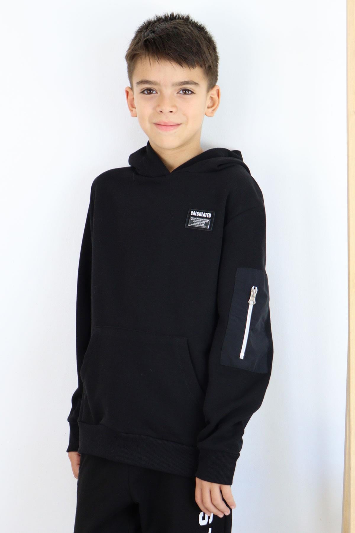 Breeze Erkek Çocuk Sweatshirt Armalı Kolu Cepli Fermuarlı Siyah (9-12 Yaş)